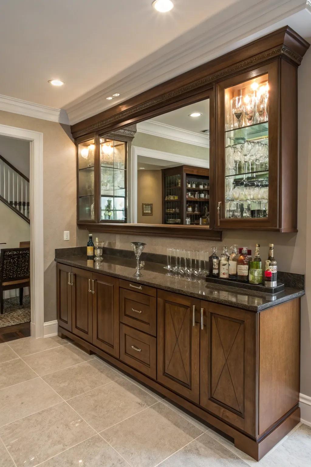 Upgrade your personal bar using a reflective backdrop.