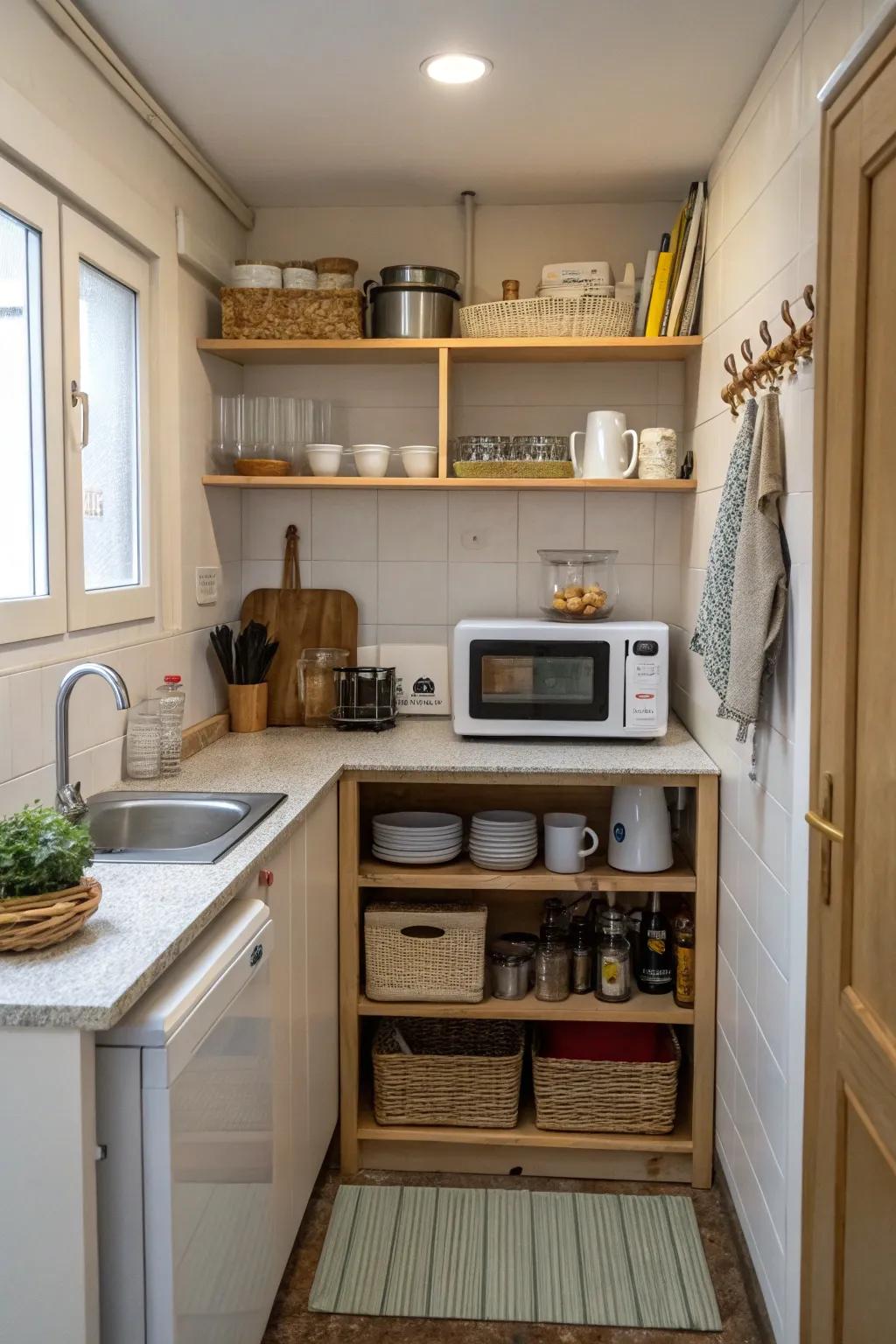 Microwave placed on open shelves for easy access and a stylish touch.