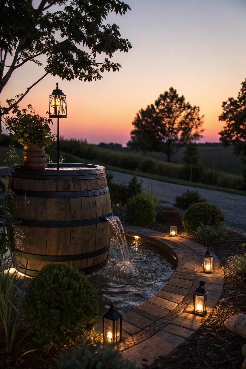 A magical cask water attribute with solar lights for a peaceful ambiance.