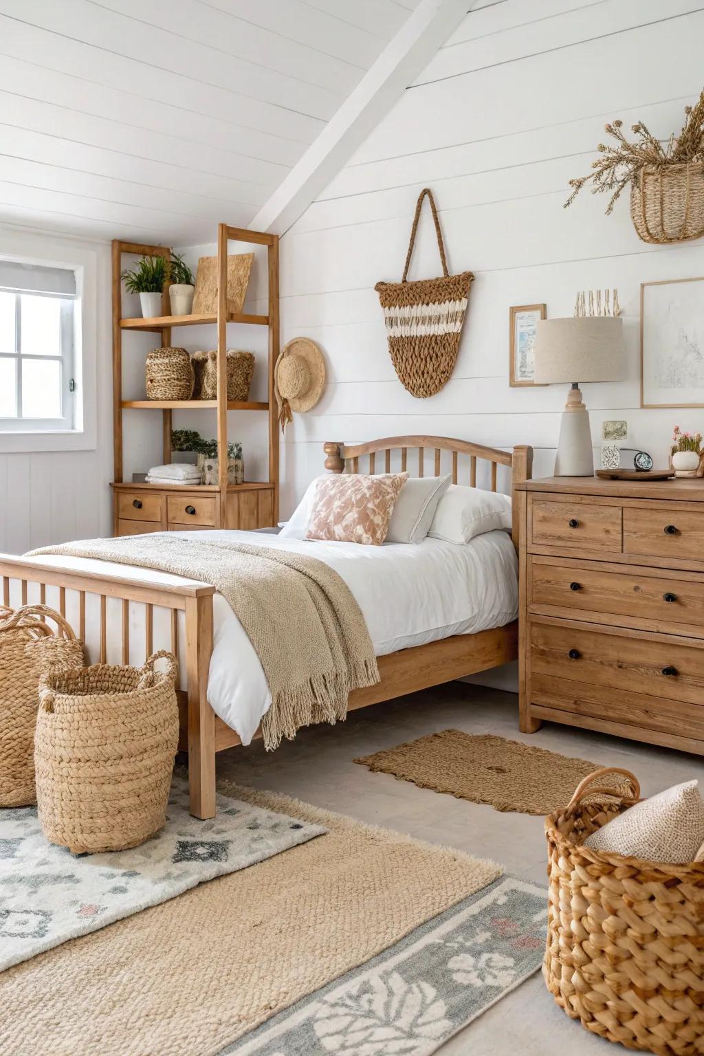 Natural materials like wood and wicker add warmth to a white bedroom.