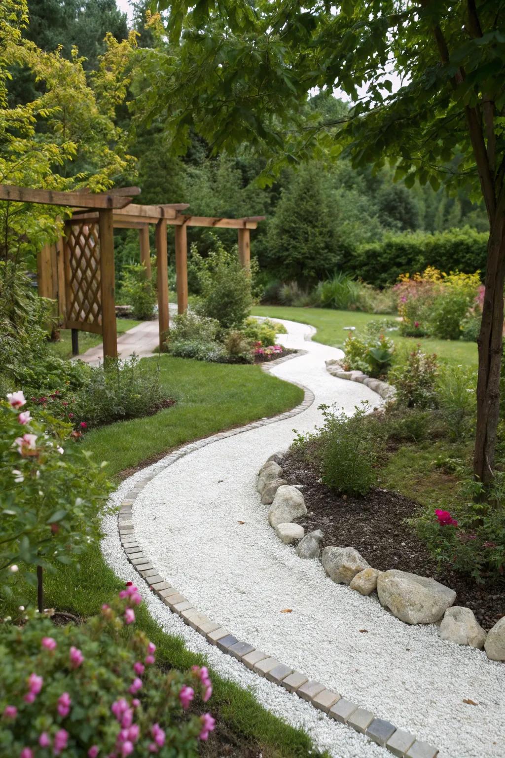 White gravel pathways add a charming cottage feel.