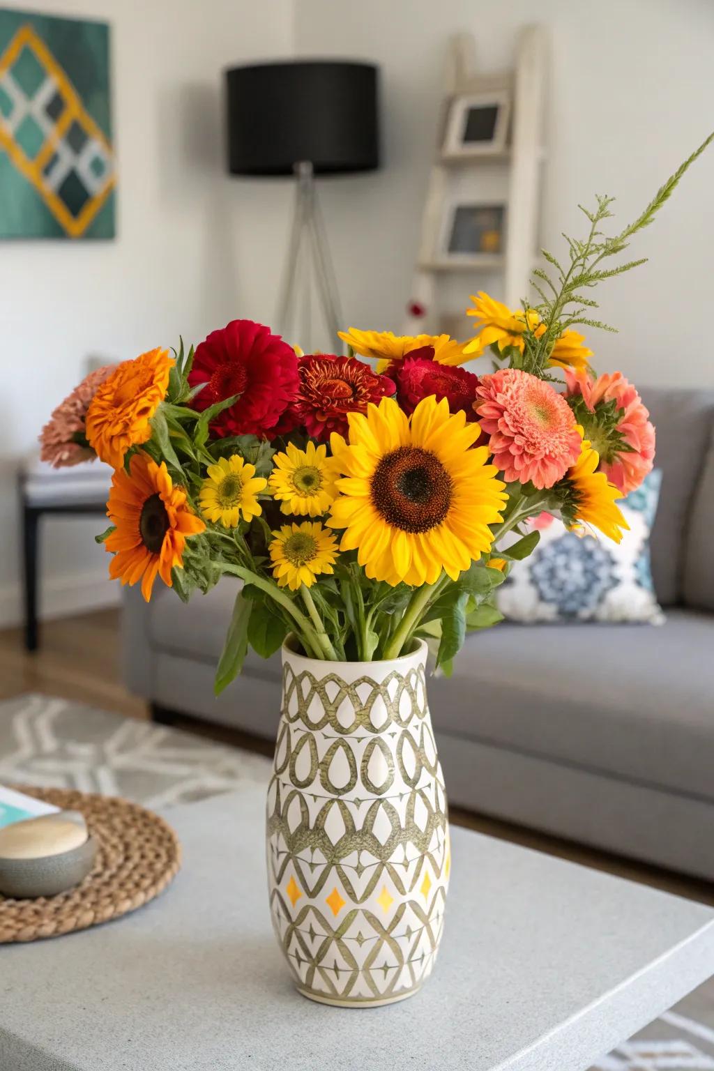 A bold vase enhances the vivid colors of wildflowers, creating a striking display.