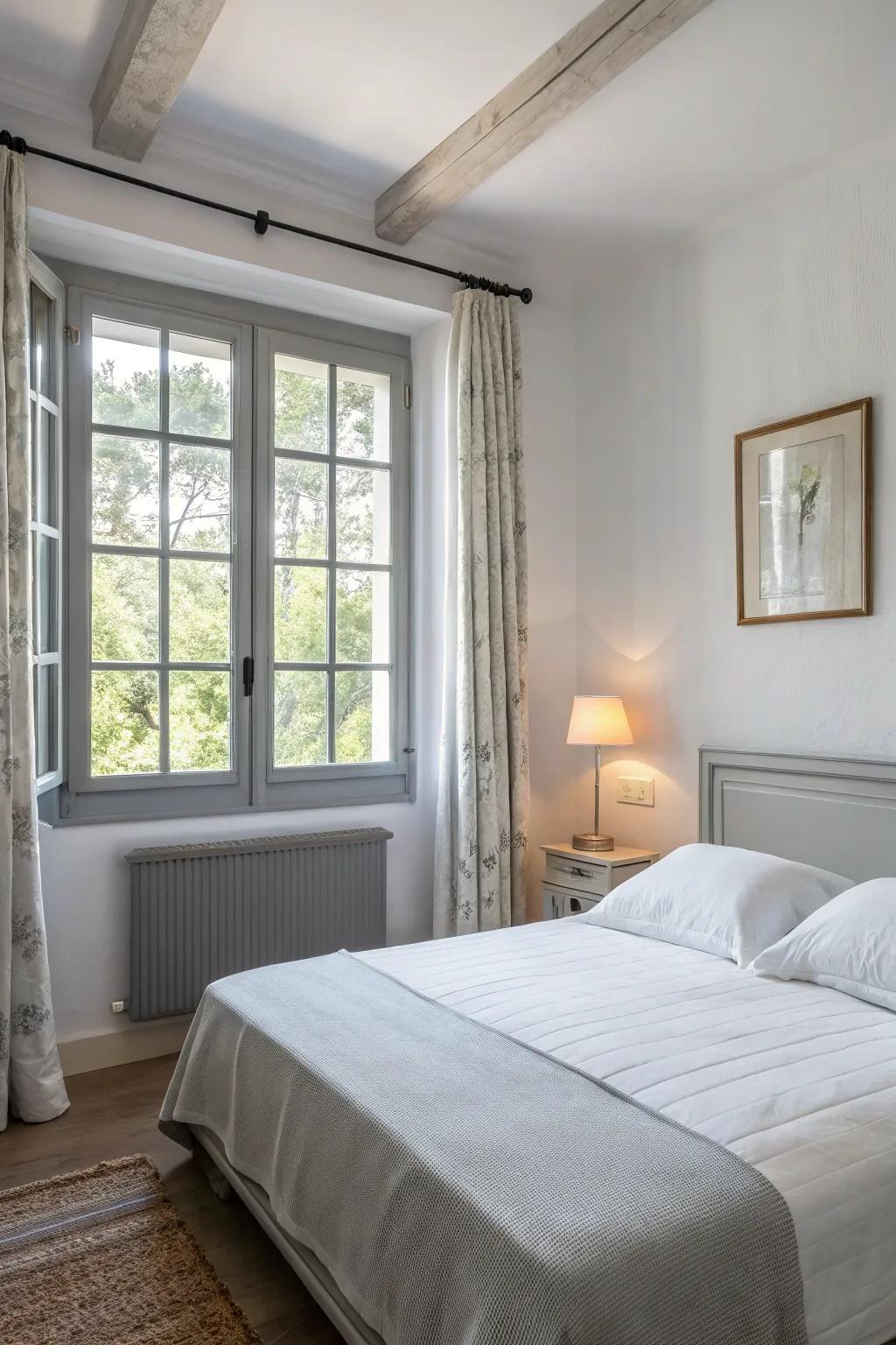 Soft gray trim creates a soothing atmosphere in a bedroom.