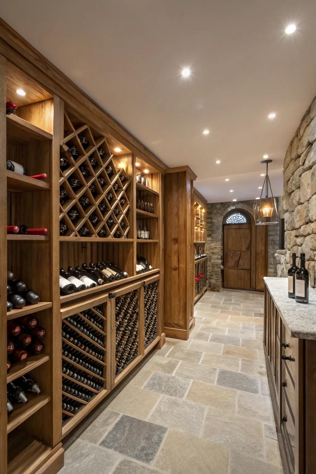 Elegant recessed lights enhance the sophistication of the wine room.