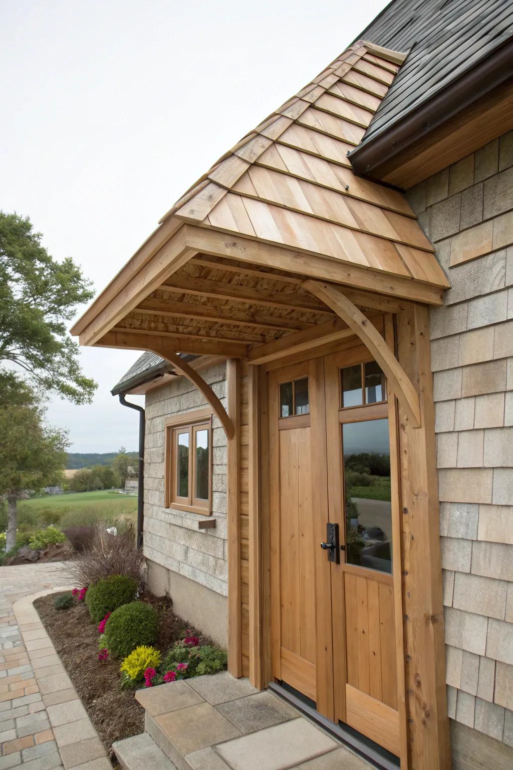 Shingles add a classic touch to a wooden awning.