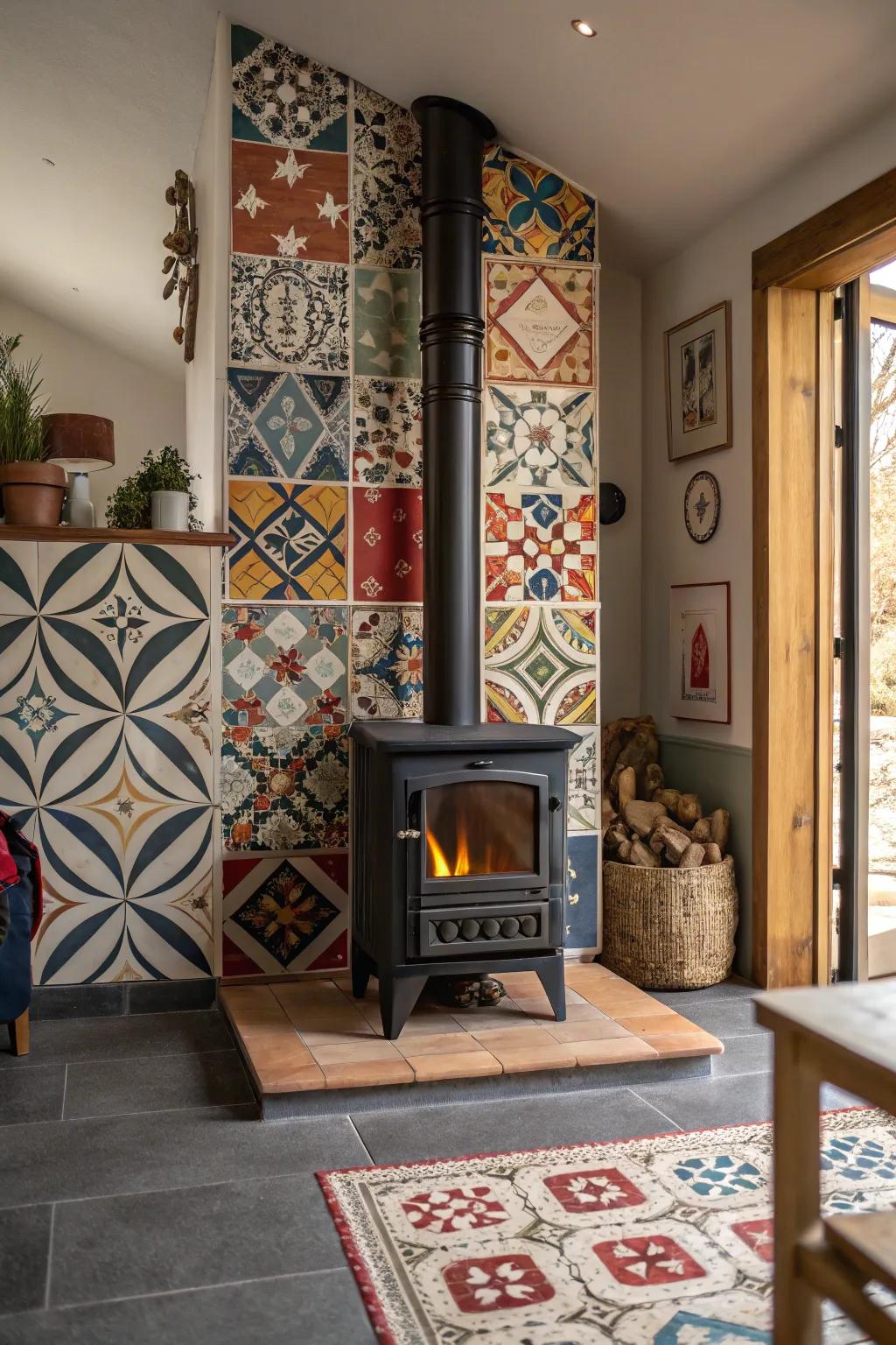 Geometric tiles create a striking visual focal point around a wood stove.