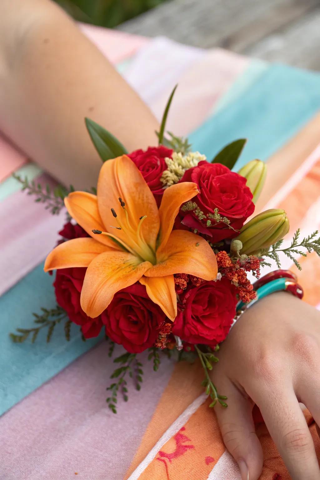 Vibrant wrist adornment featuring orange lilies and red peonies.