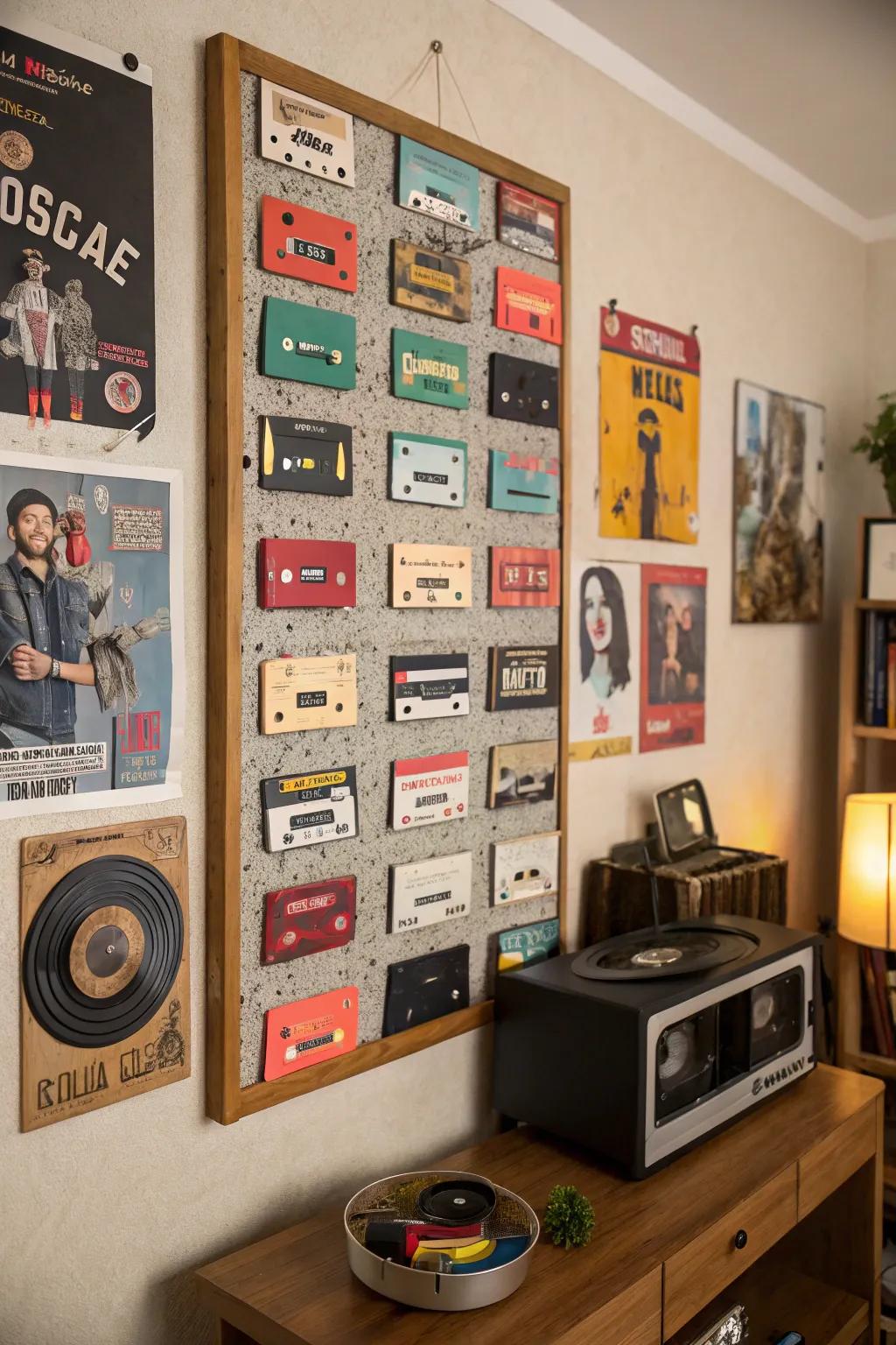 Cassette tapes as pushpins on a vintage-themed bulletin board.