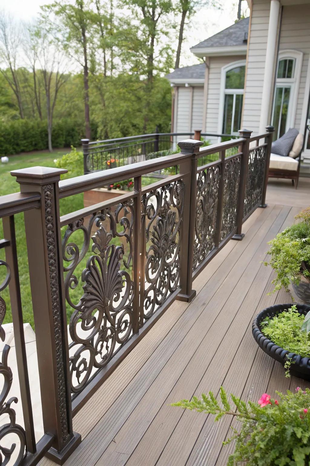 Decorative aluminum railings with artistic patterns.