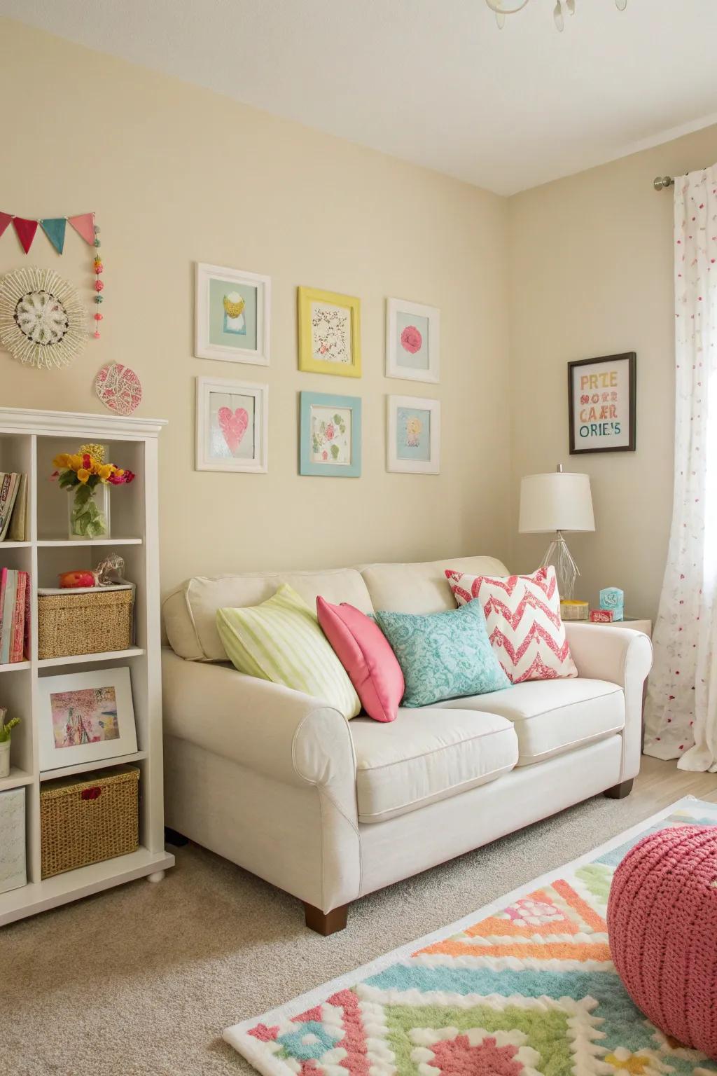 Neutral tones and bright accents keep this small living room feeling open and airy.