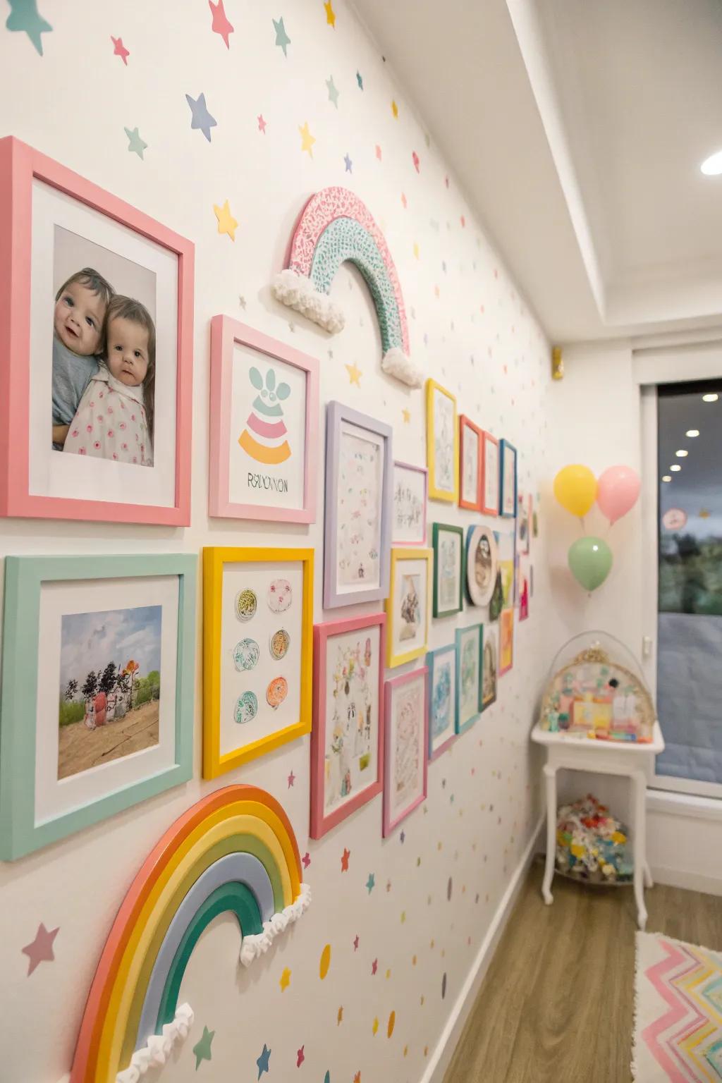 A rainbow theme adds a touch of whimsy to your baby picture wall.