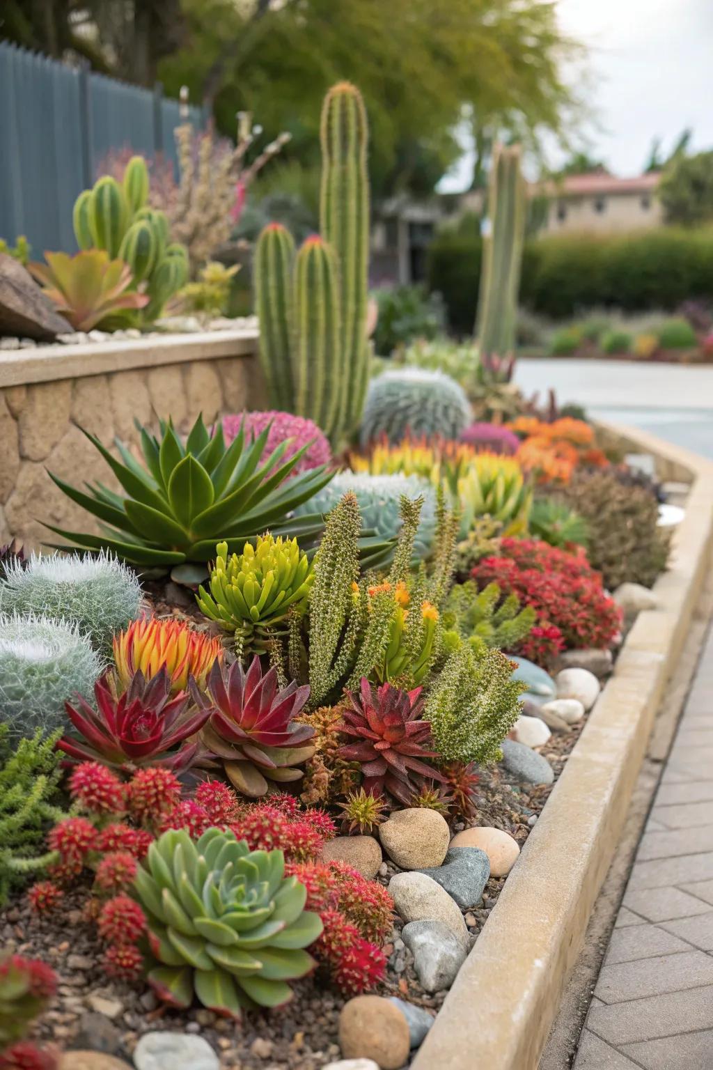 A symphony of succulents and cacti creating a colorful display.