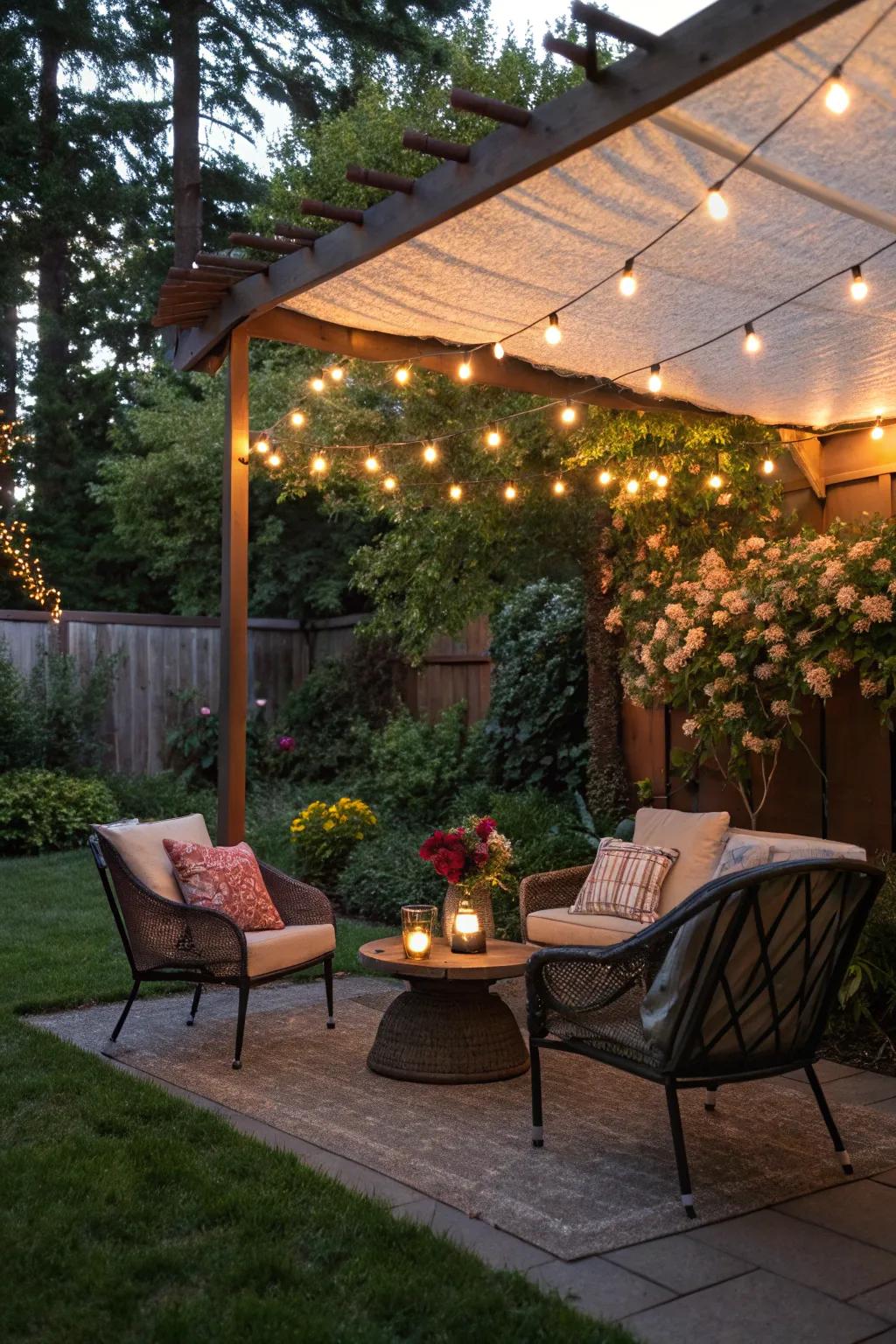 Overhead spreads of lights construct a comfortable and intimate atmosphere.