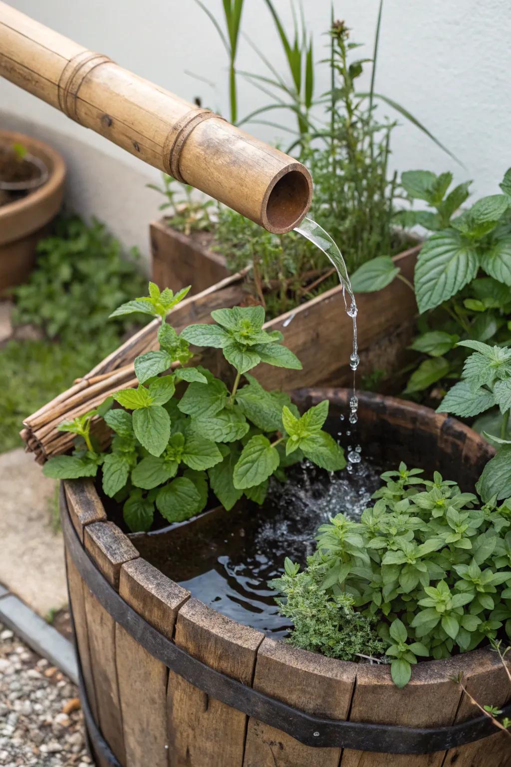 A rustic bamboo fountain with a wooden barrel base in a garden.