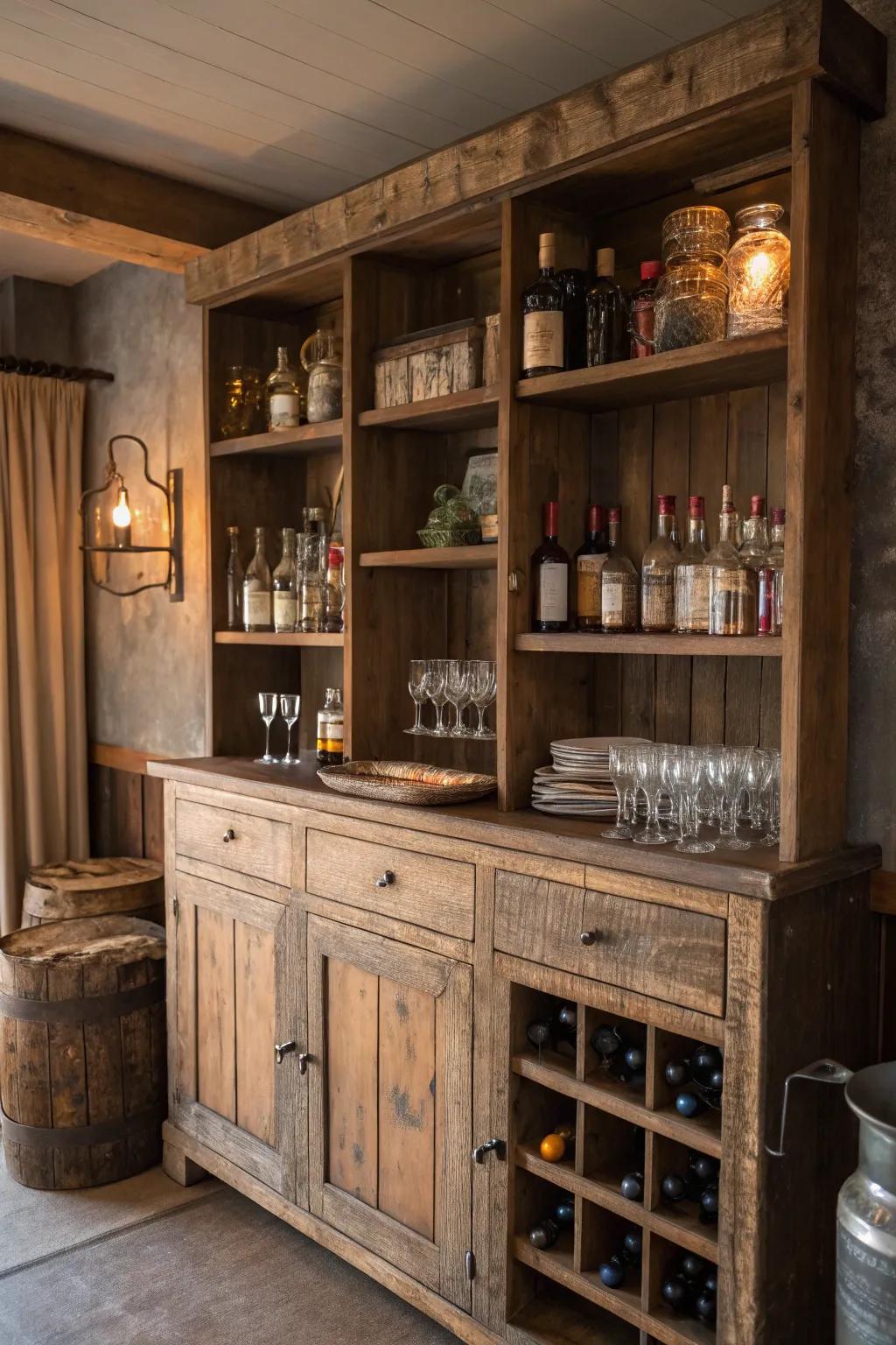 Warmth and charm with a rustic wooden bar cabinet.