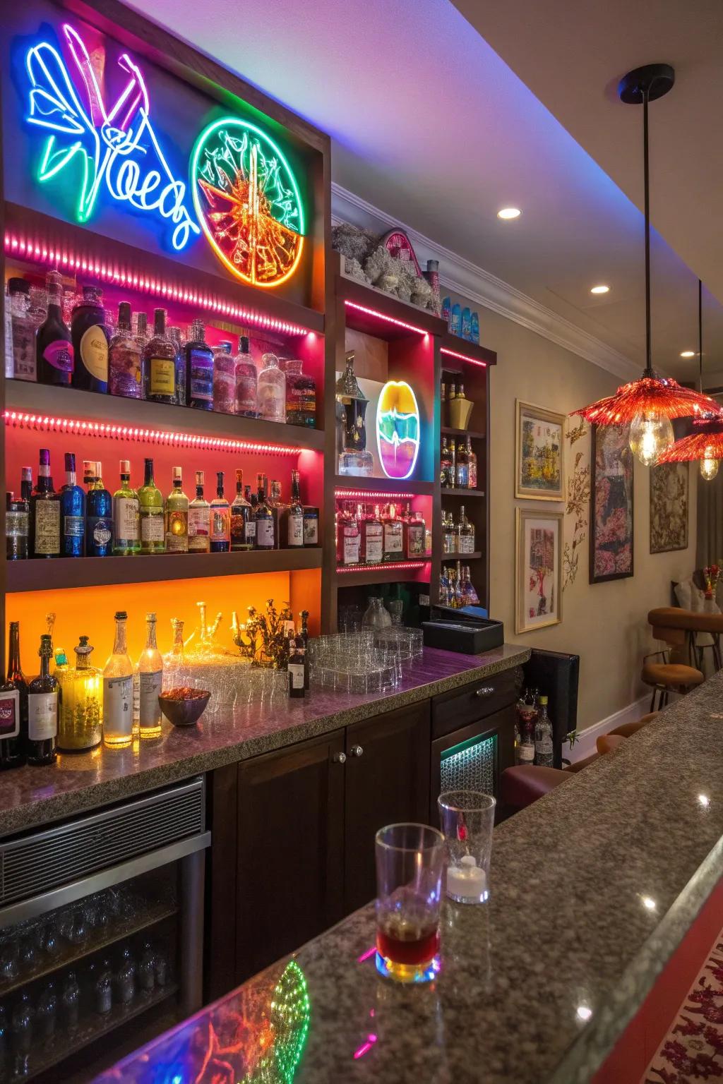 Neon signs bring a bold and colorful vibe to the bar.