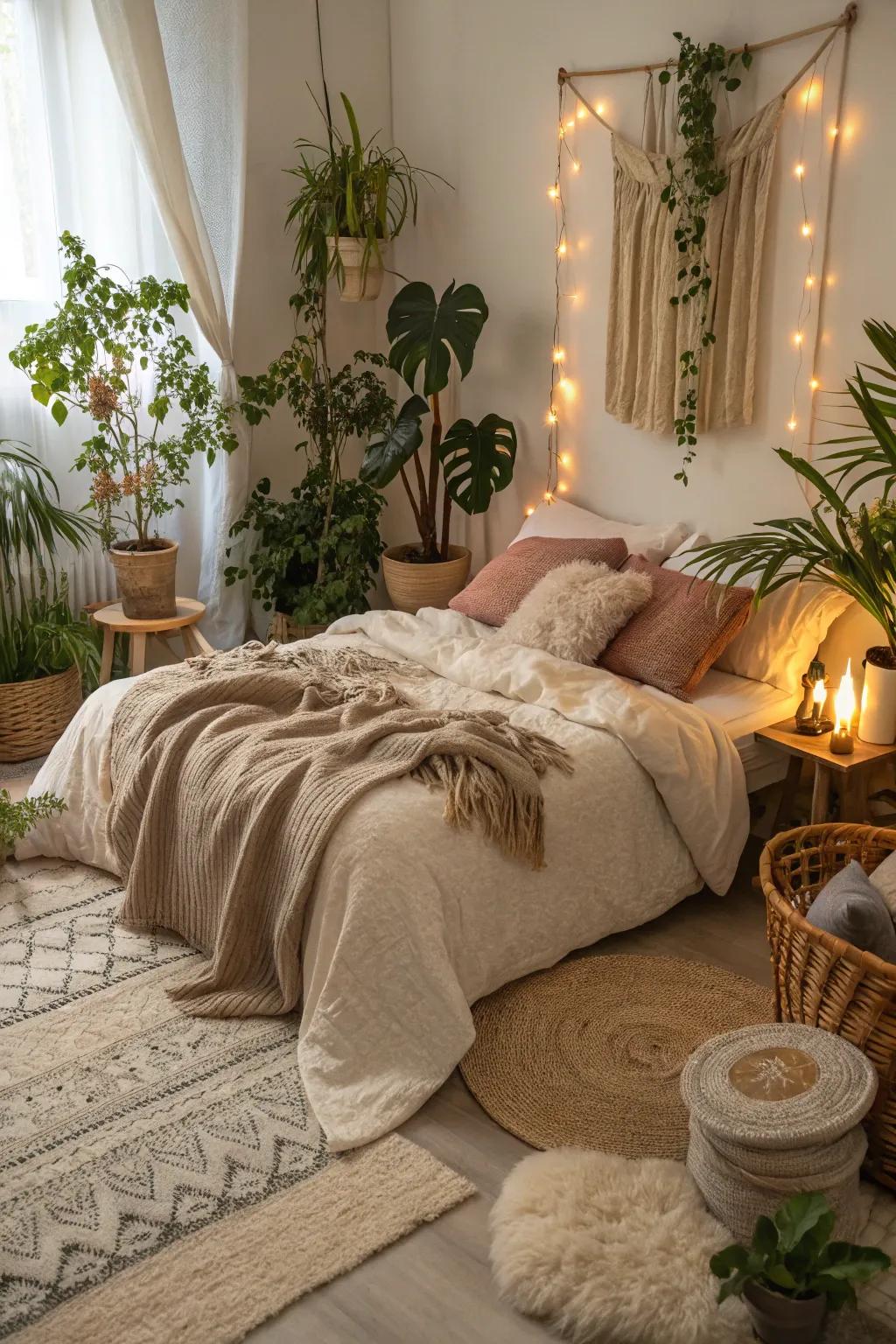 Textures and greenery create a harmonious bedroom retreat.