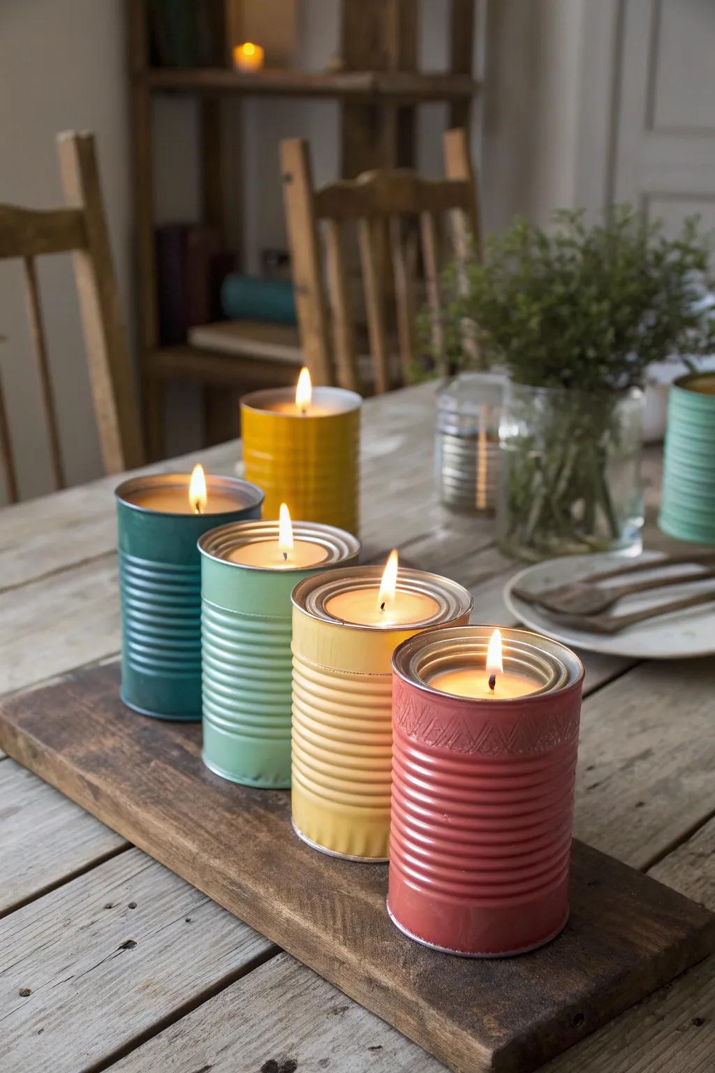 Infuse rustic charm with metal container candle holders.
