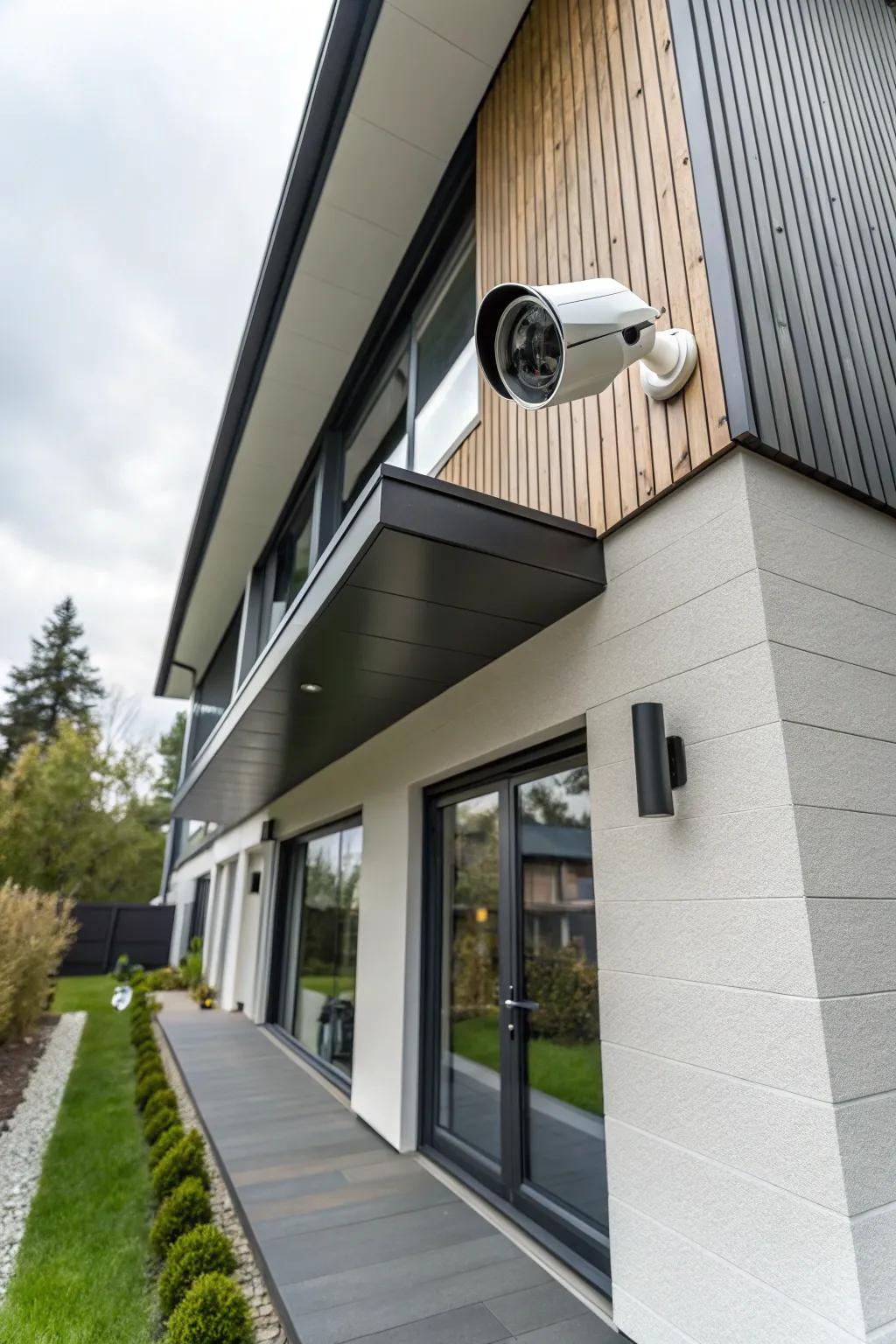 A smart security camera subtly integrated into a home's facade, providing continuous surveillance without compromising design.