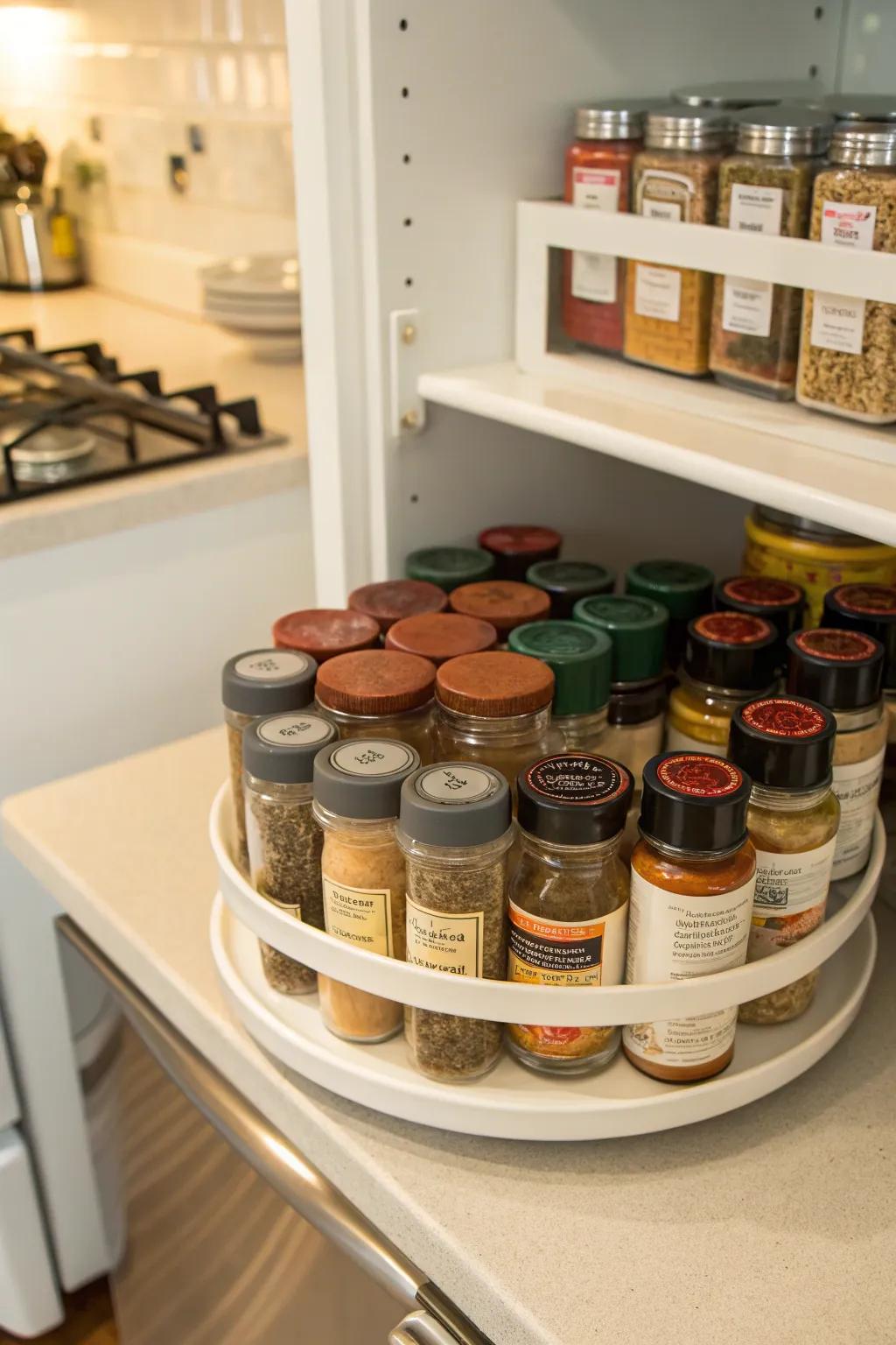 A Lazy Susan keeps your spices in easy reach.