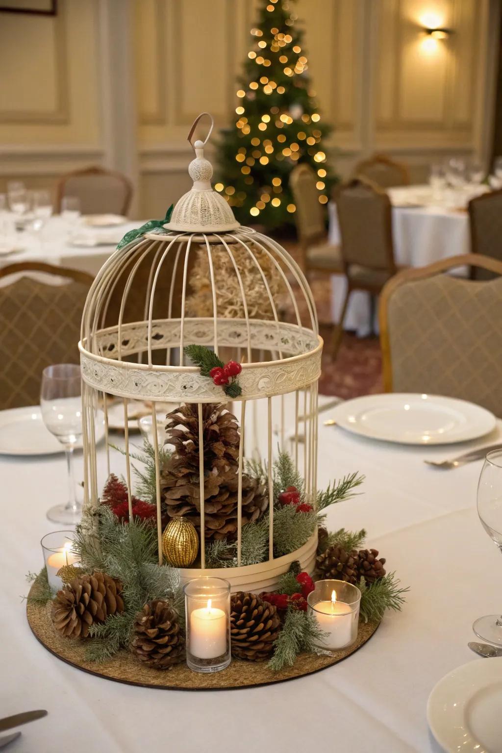 A bird cage styled as a seasonal centerpiece.