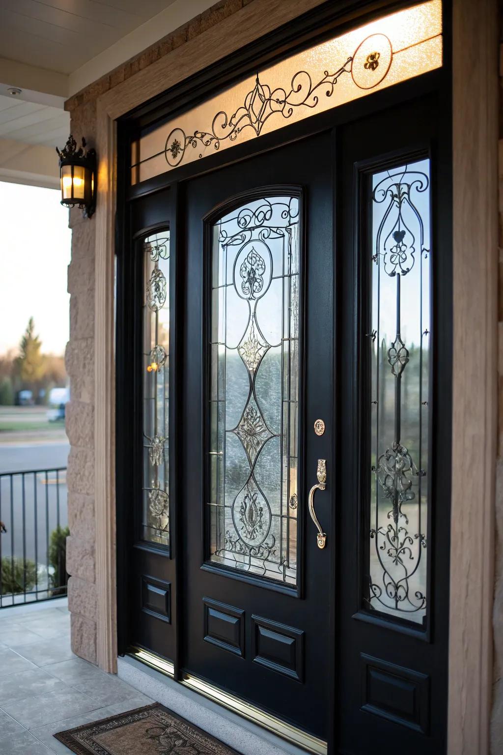 A sleek black door featuring elegant glass panels.