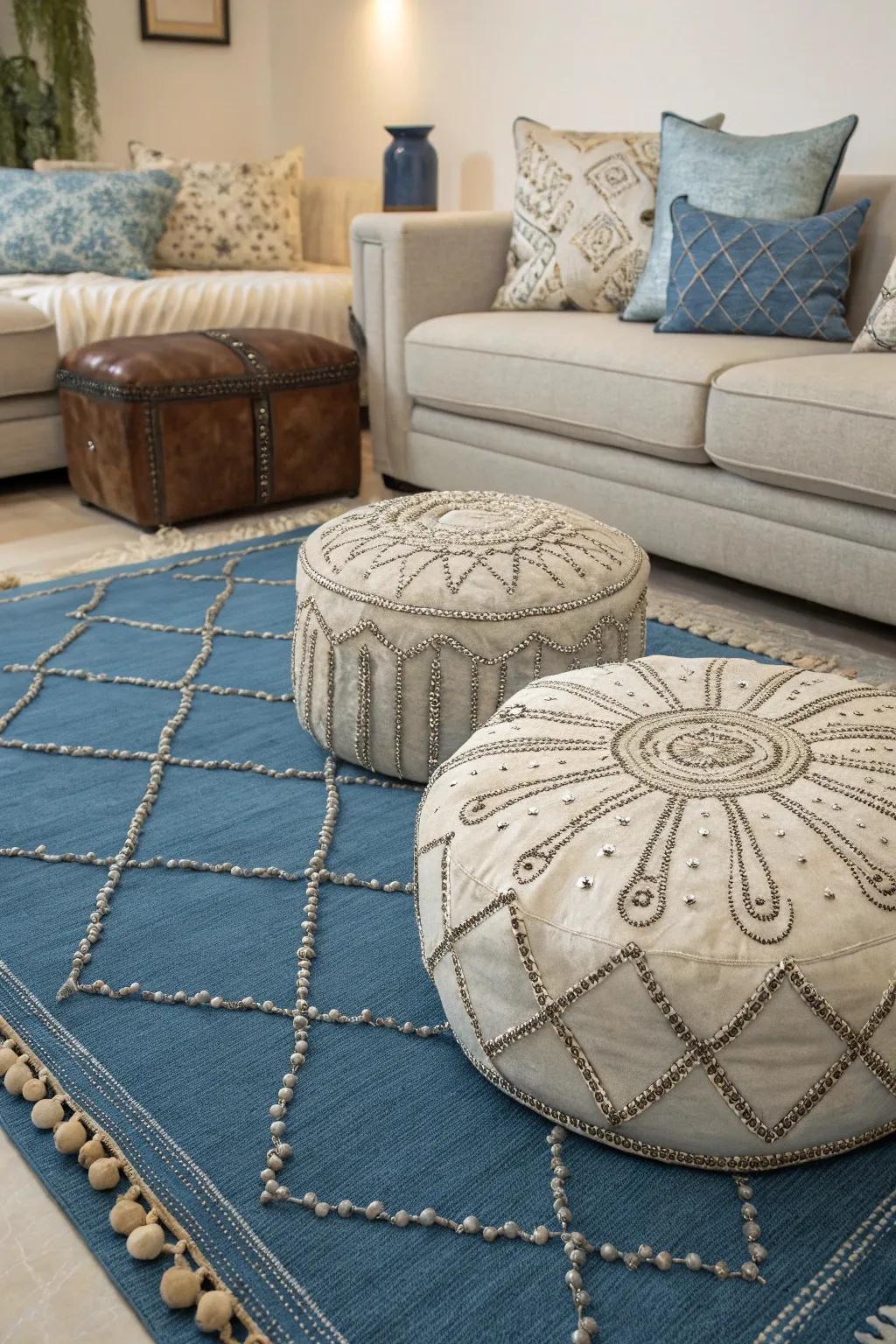 Layered materials in blue and silver deliver warmth and depth to this snug family room.