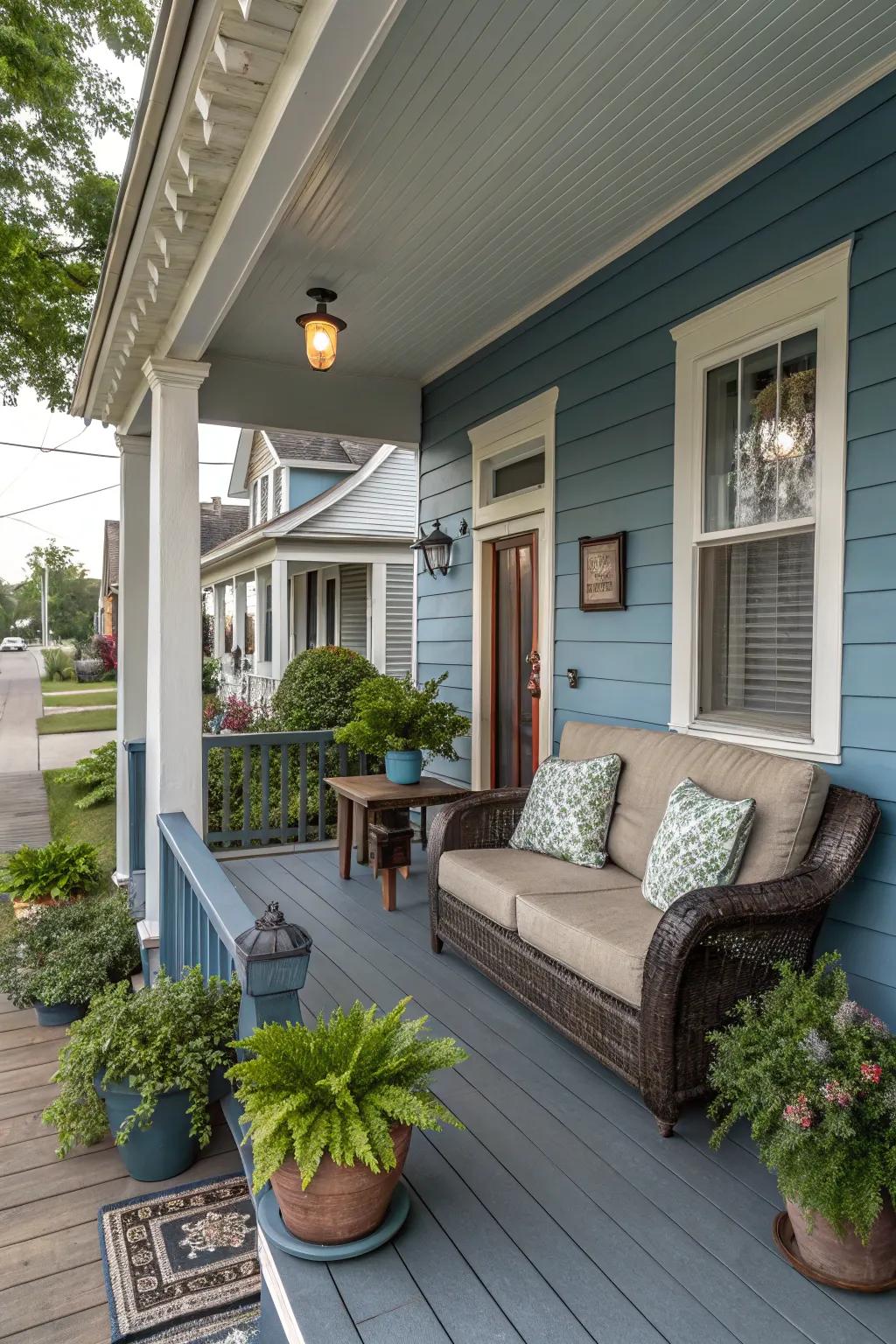 Cozy porch seating makes for a welcoming entrance.