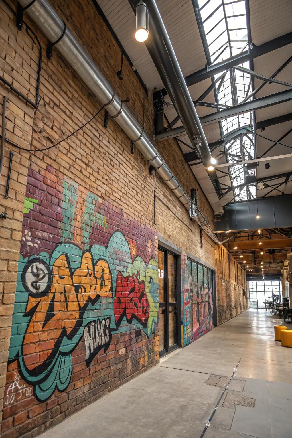 Graffiti-style mural adds an urban edge to a loft's brick wall.