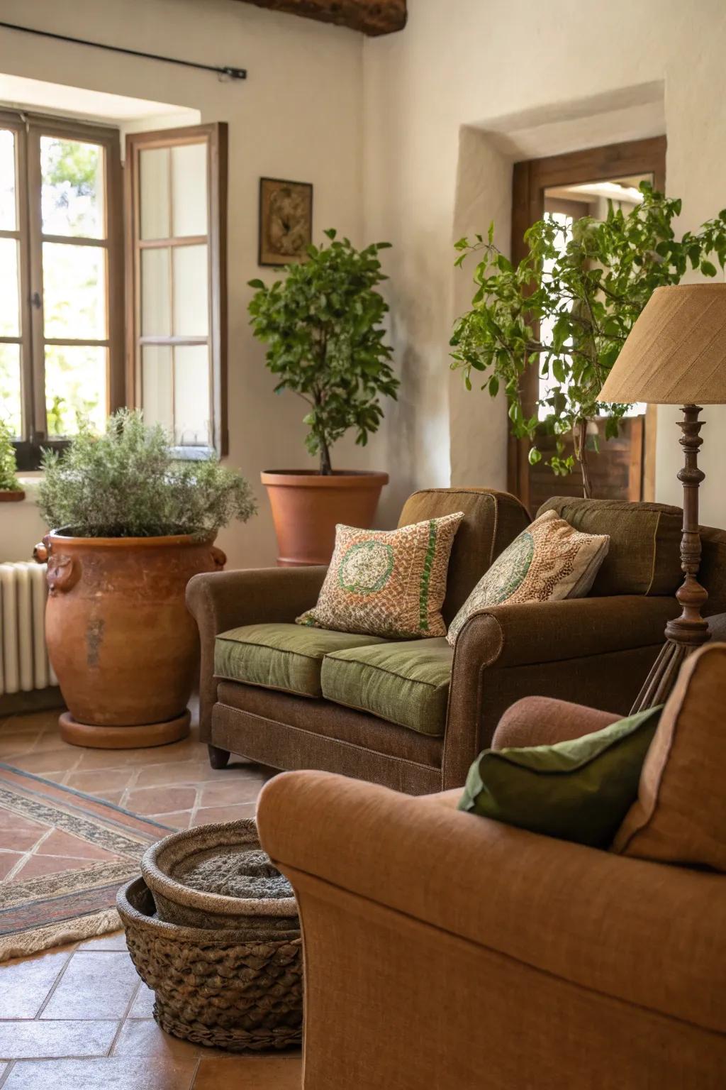 Earthy accents complement the brown tones for a natural feel.