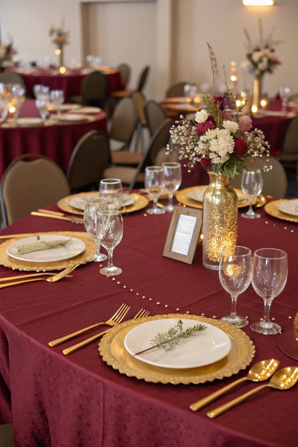 Elegant table aesthetics in wine and glimmer establish the atmosphere for a sumptuous feast.
