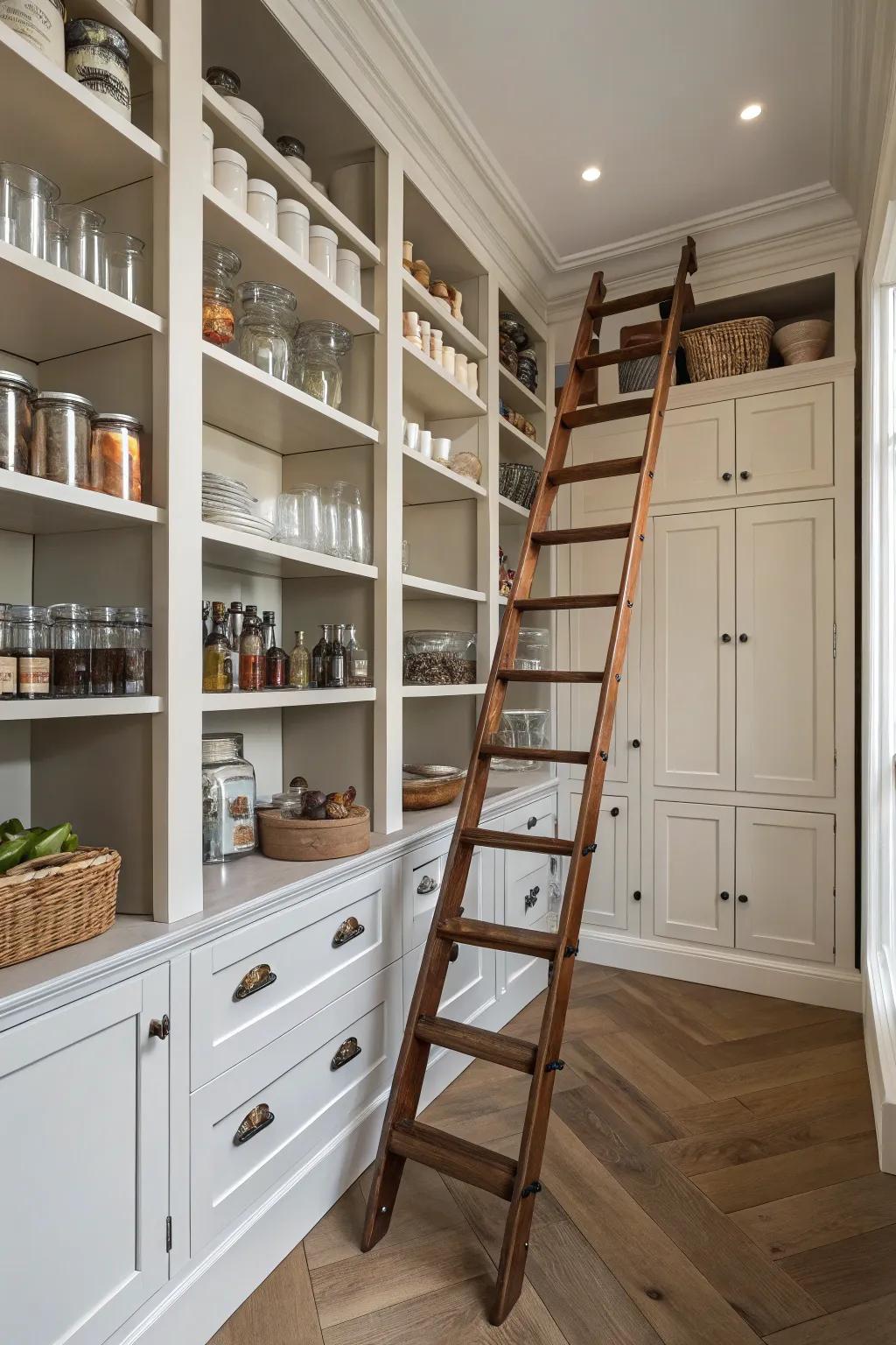 A rolling ladder provides access to high shelves with style.