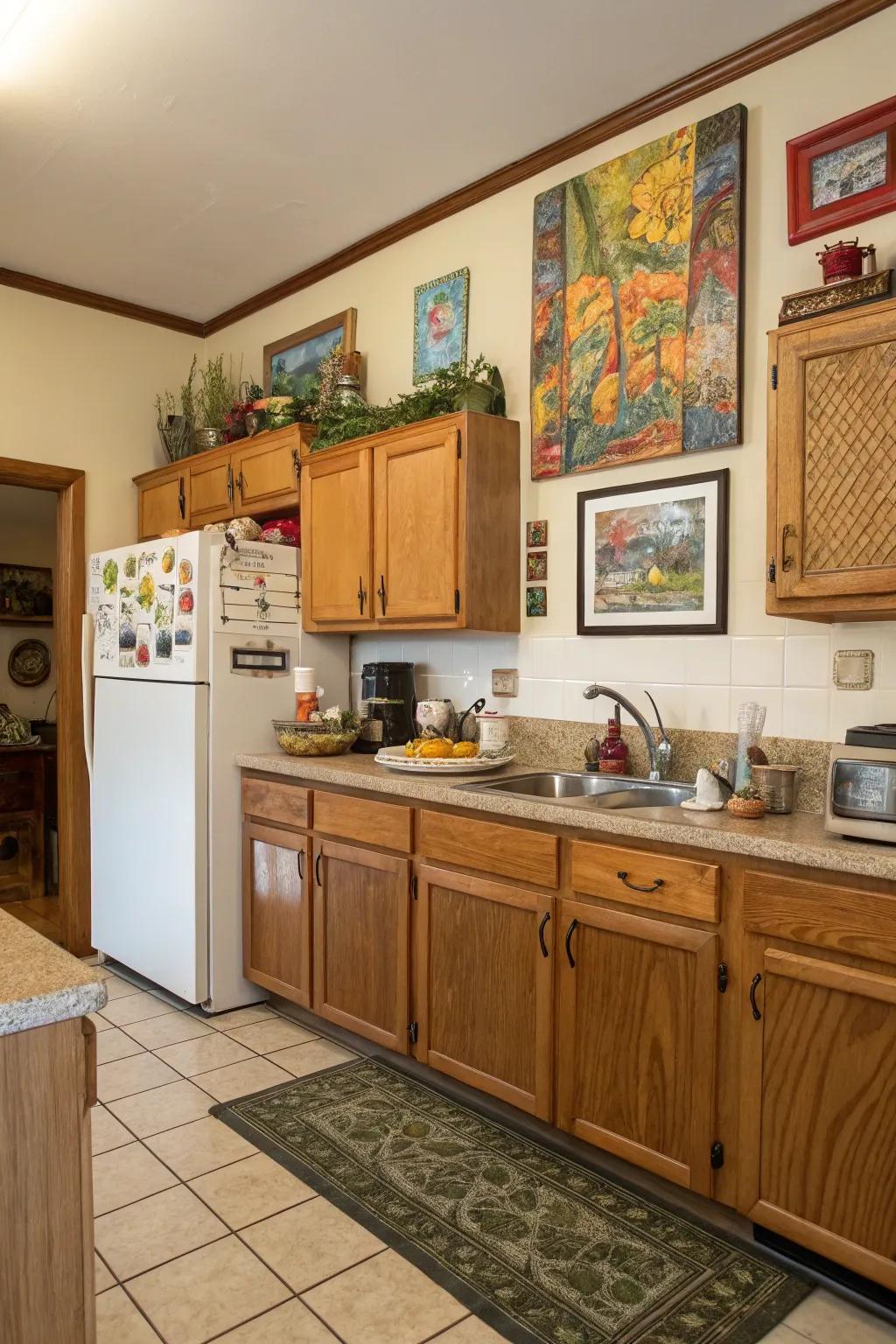 Artwork above the fridge can add a unique personal touch to your kitchen.