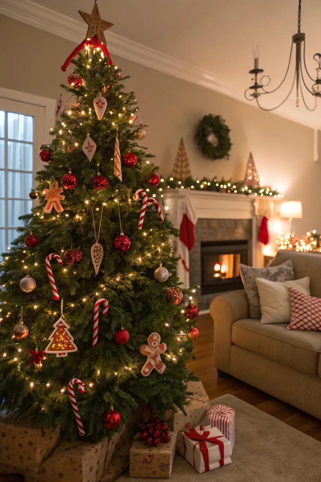 Gingerbread and confections conjure a sugary festive narrative on this tree.