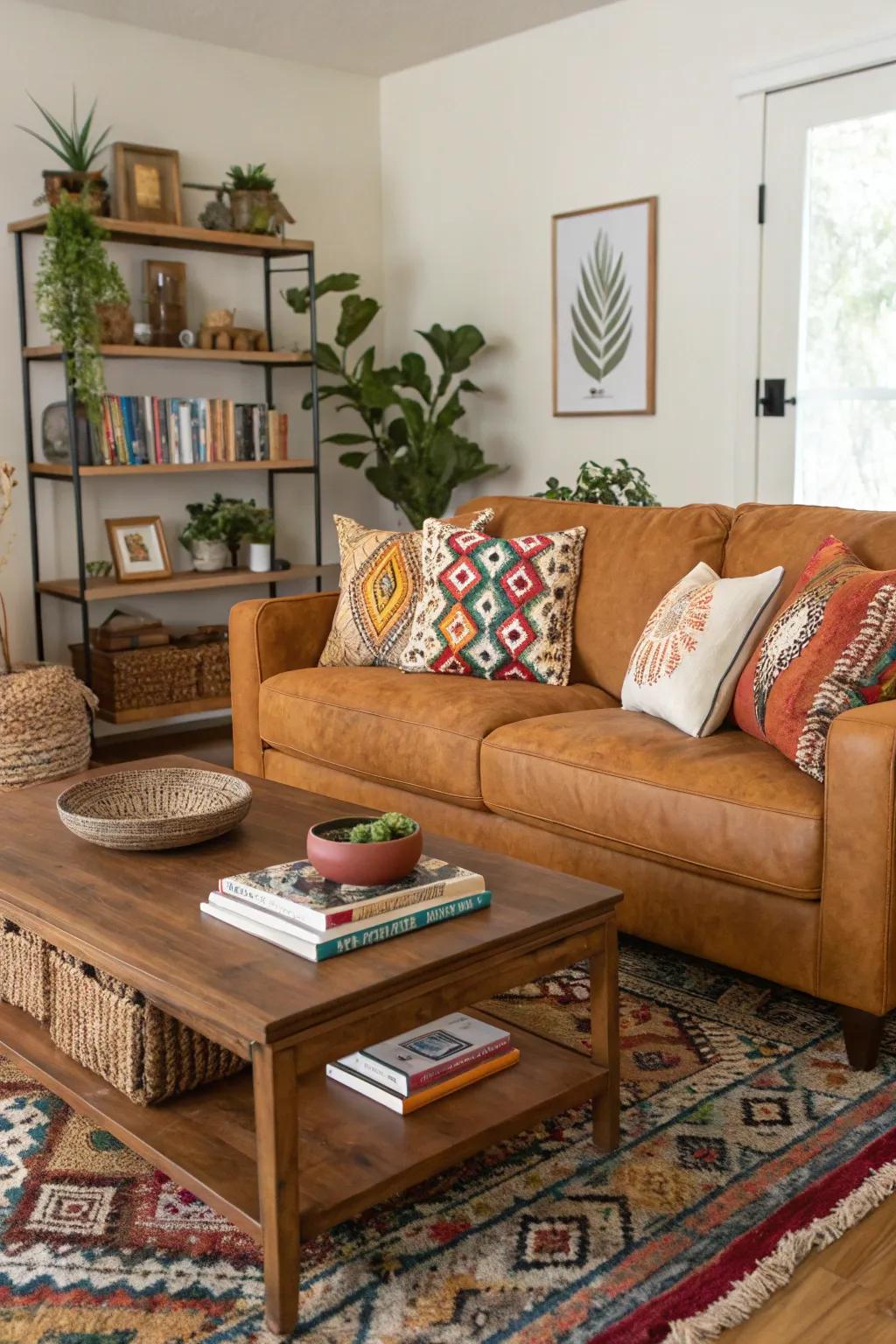 Mixing decor styles brings personality to a caramel couch room.