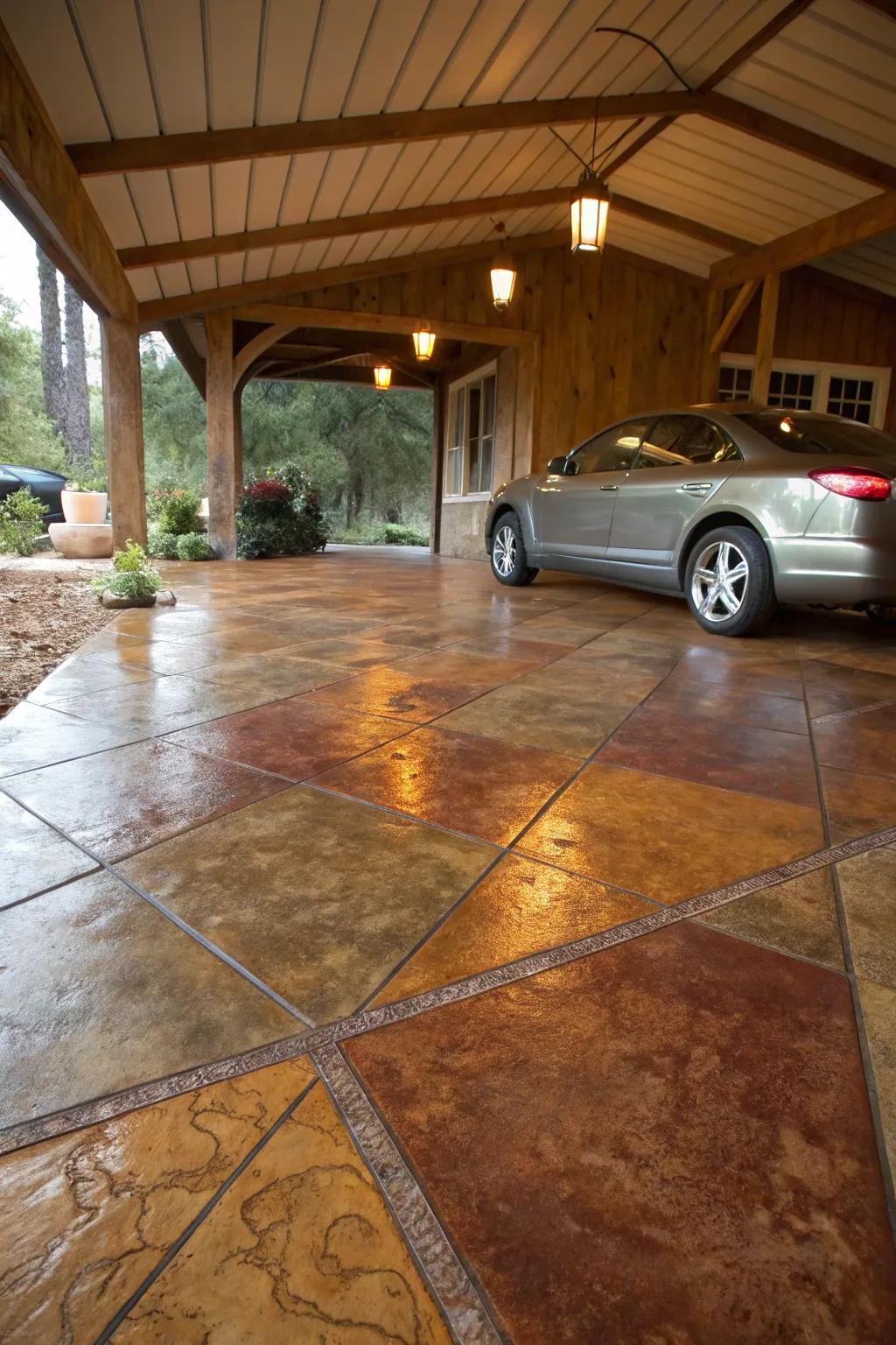 Concrete staining adds elegance to a standard carport floor.