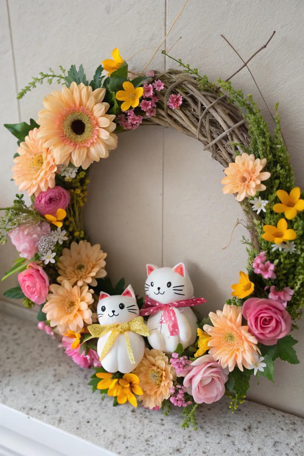 A floral cat haven wreath perfect for any cozy corner.