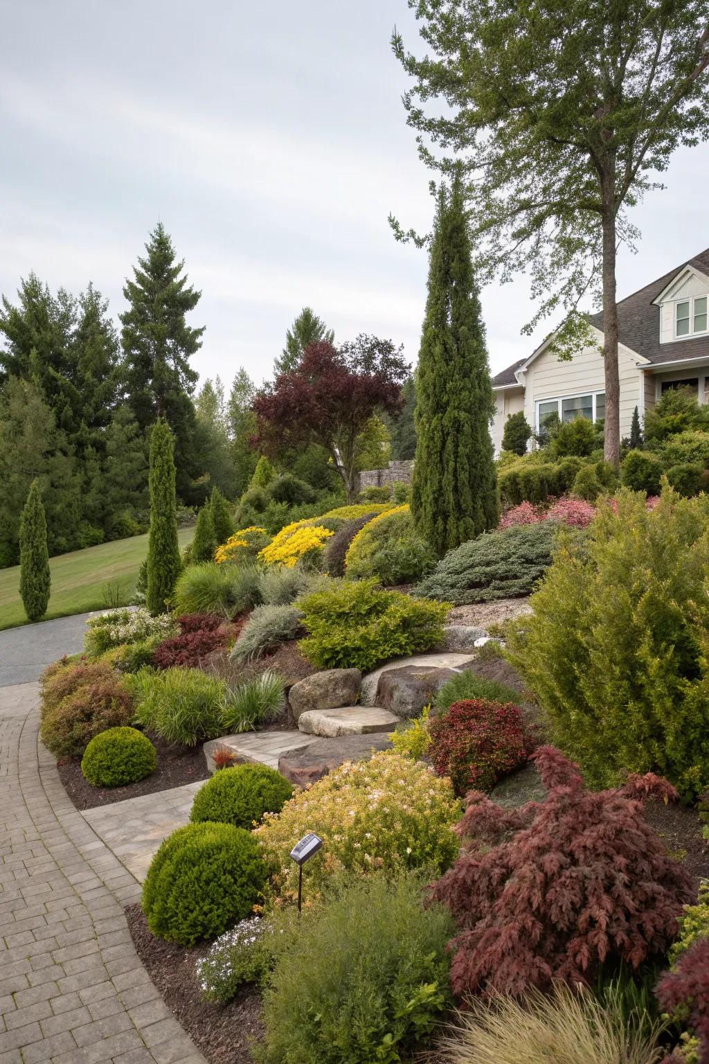 Layered planting creates a visually engaging landscape.