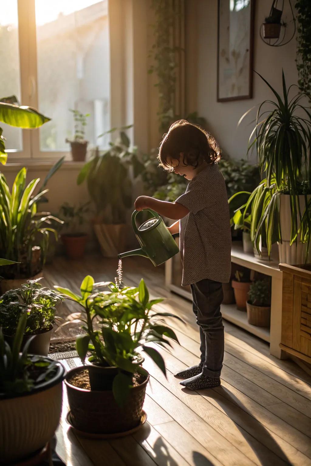 A young gardener watering vibrant houseplants.