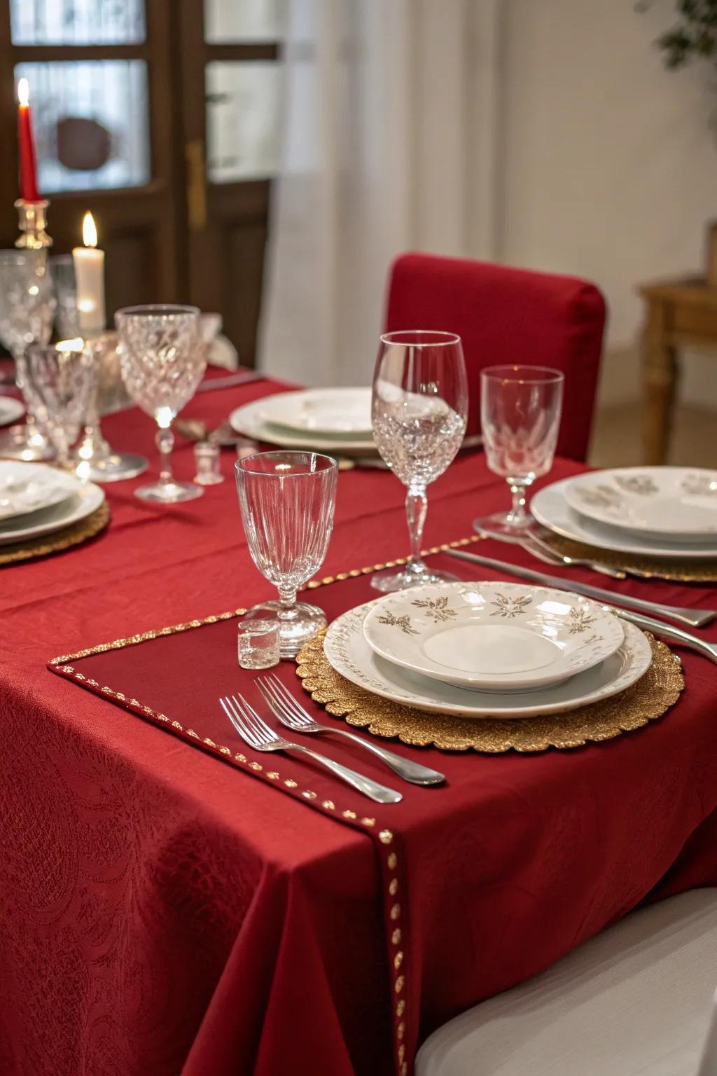 A red tablecloth setting the tone for a sophisticated dining experience.