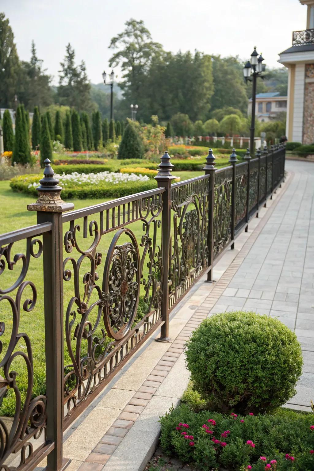 Decorative metal fencing adds a touch of elegance.