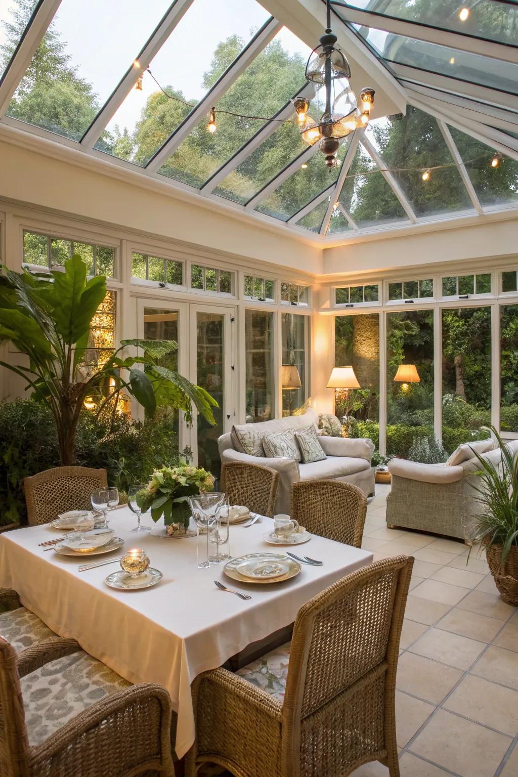 A versatile conservatory space with areas for dining and lounging.