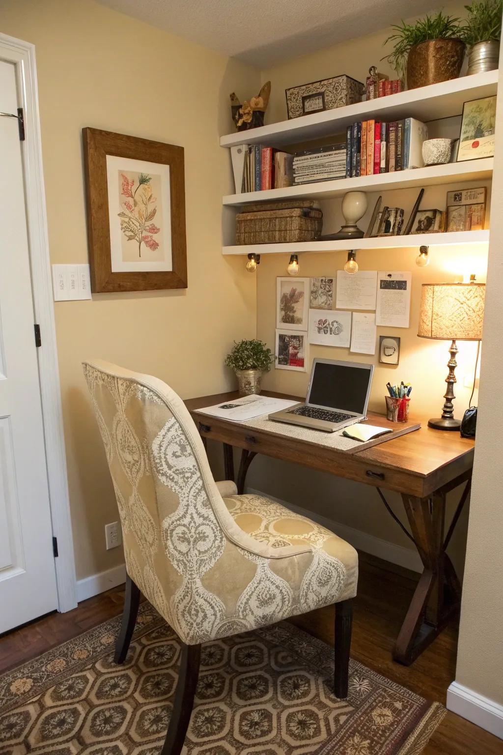 Create a functional workspace in the corner with a small desk.