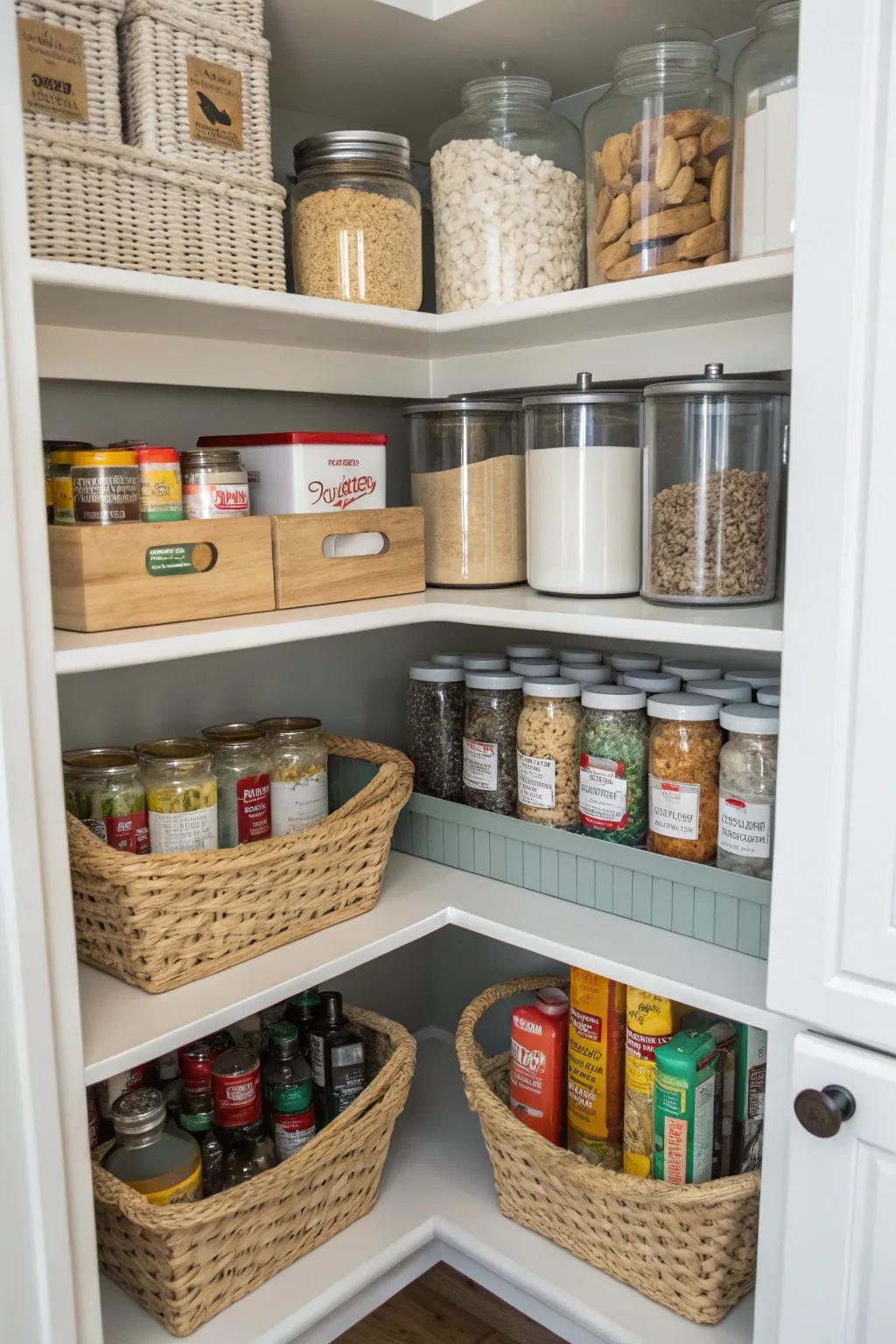 Adjustable corner pantry shelves for versatile storage.