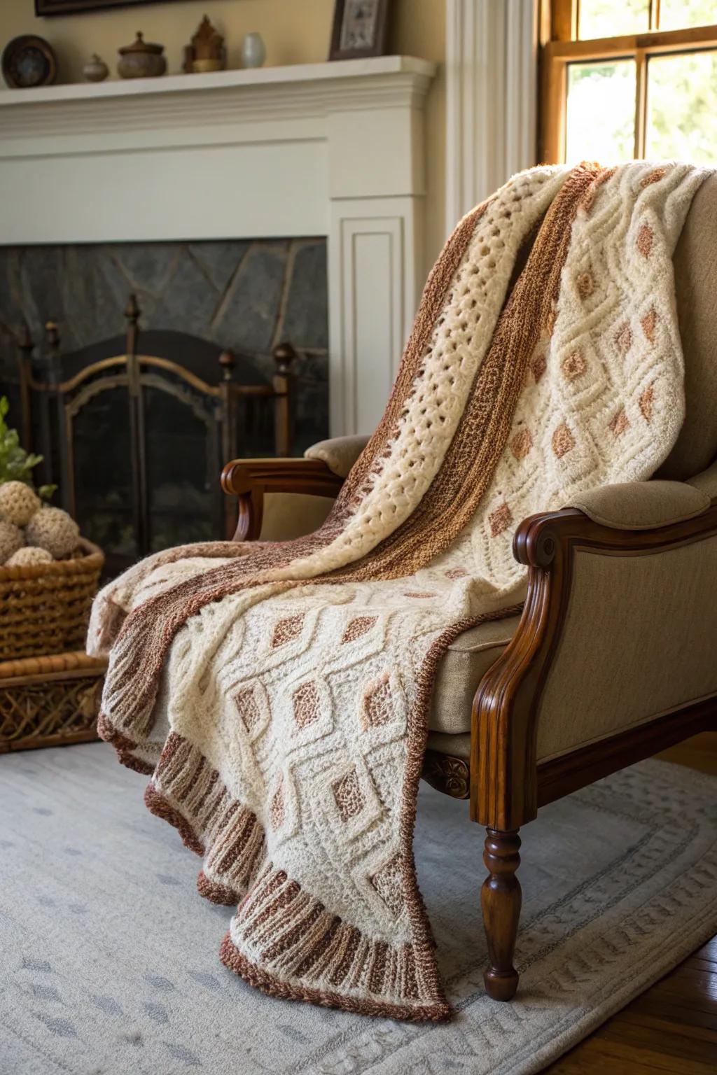 Hand-knitted throws offer warmth and comfort.