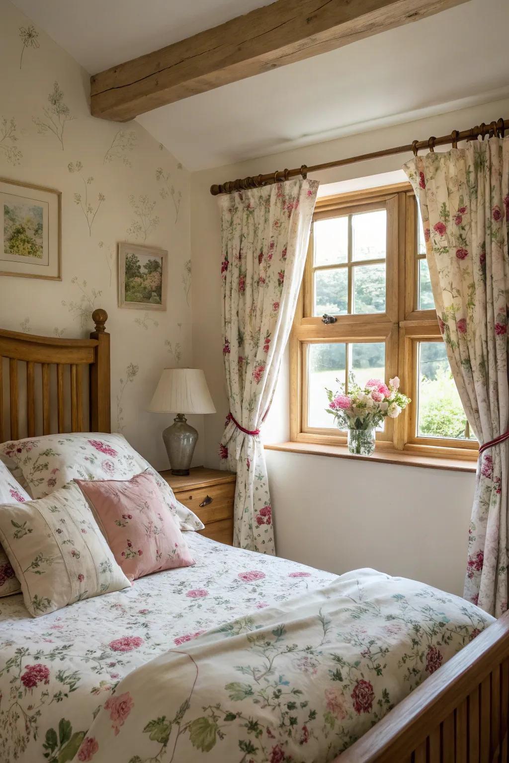A bedroom featuring floral fabrics, adding both charm and nostalgia.