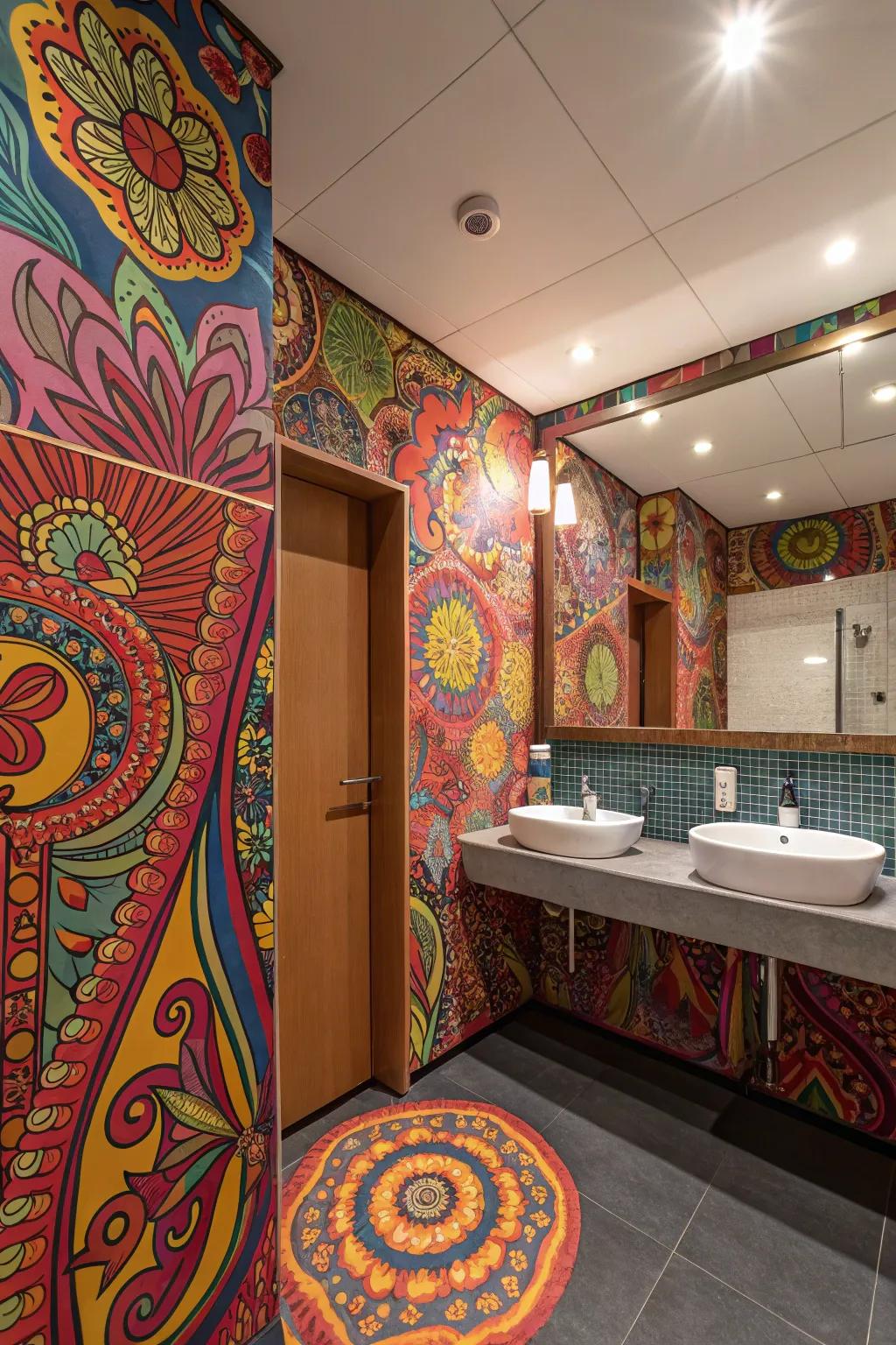 A bathroom overflowing with a vibrant array of psychedelic patterns.
