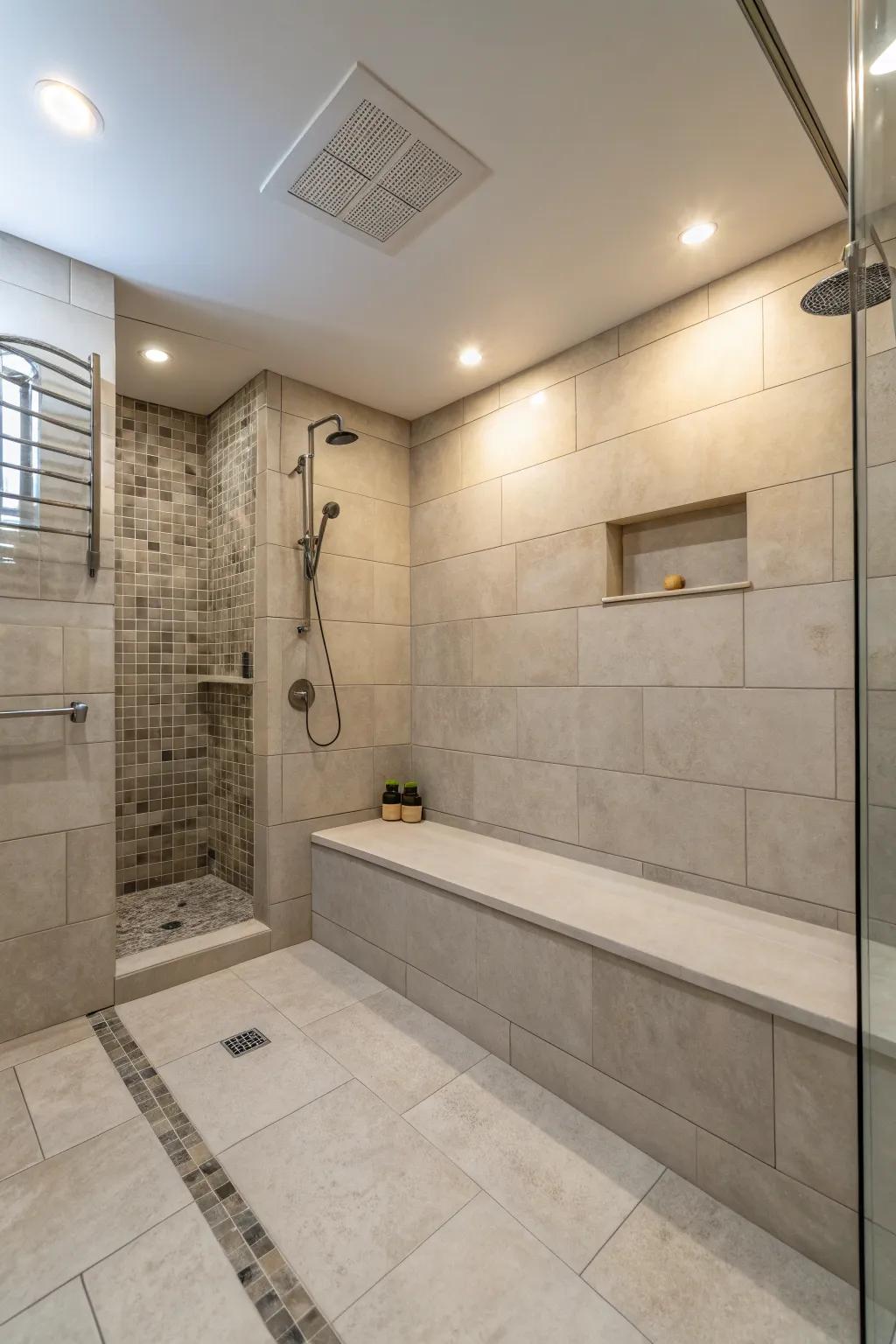 Neutral tones lend a serene and spacious feel to this curbless shower.