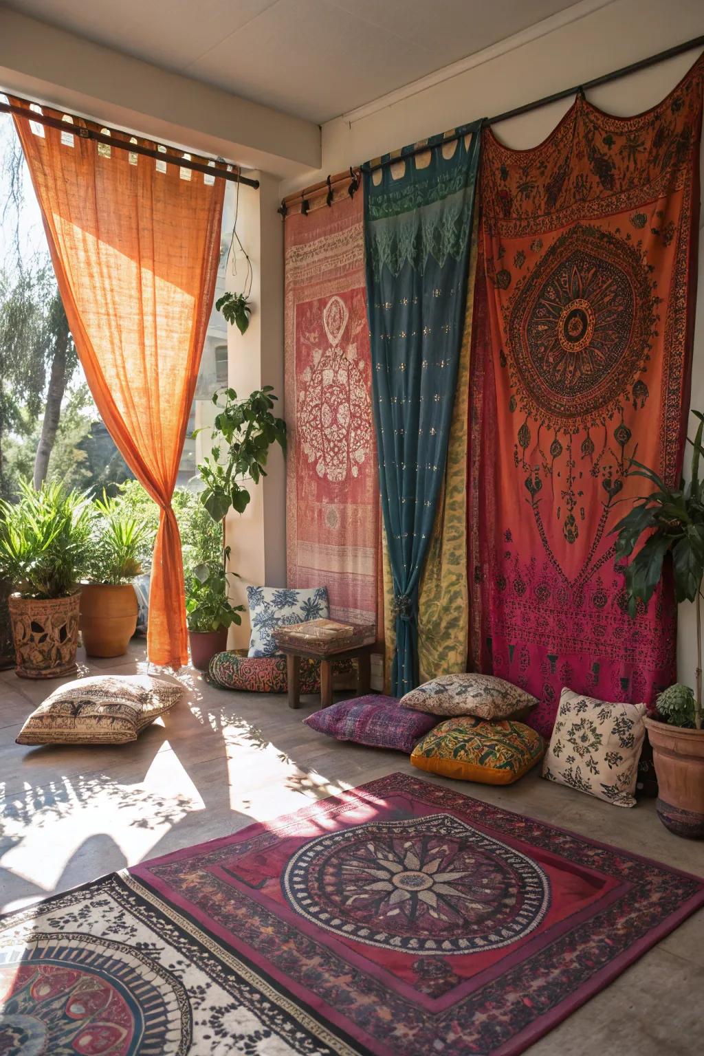 Bohemian flair with vibrant tapestry-style curtains.