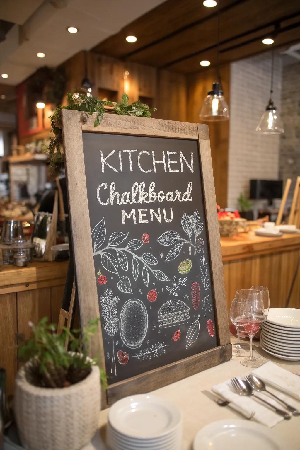 A creative chalkboard menu in the kitchen, showcasing the week's meals.